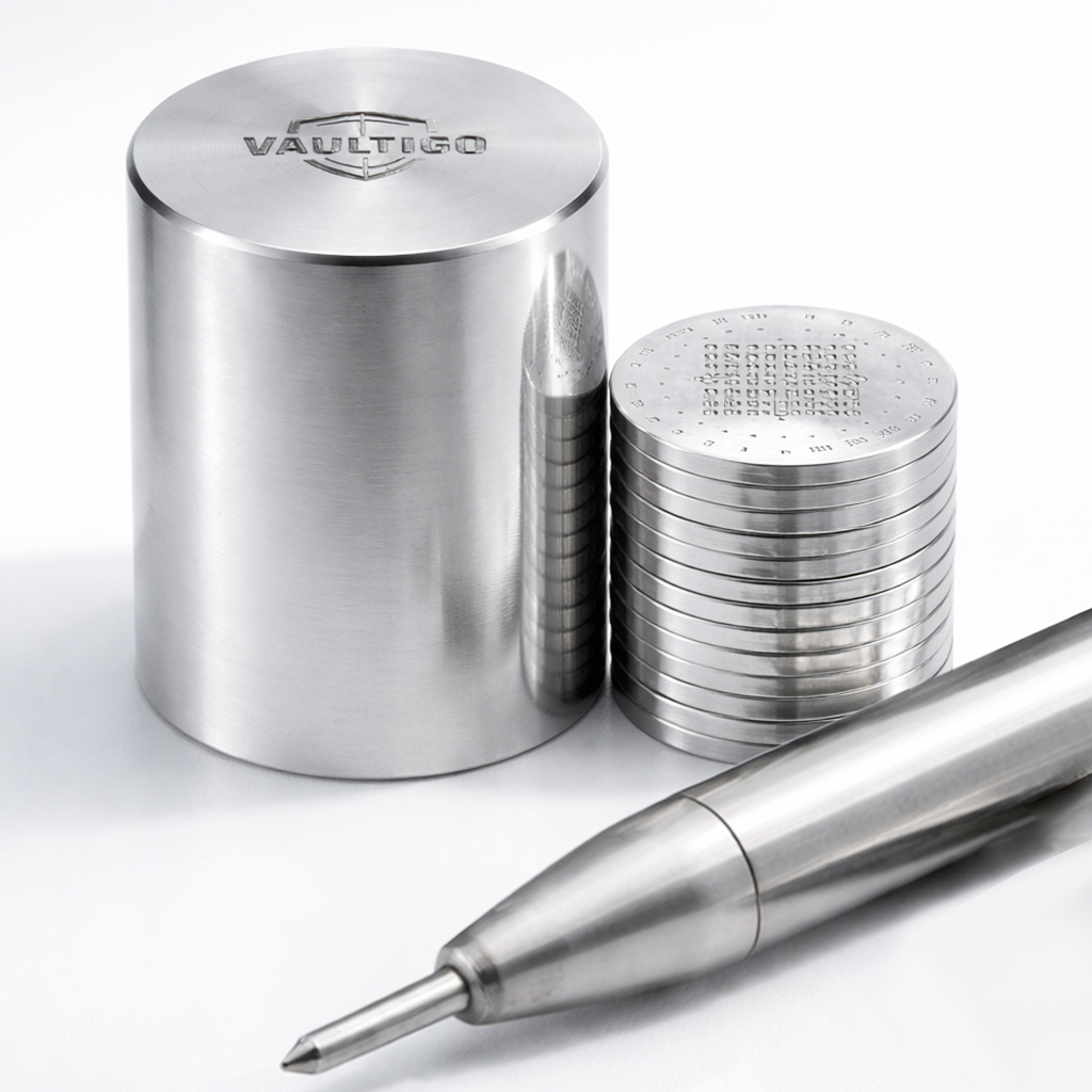 vaultigo-stainless-steel-capsule-seed-phrase-backup-plate-with-seed-plates-and-engraving-tool