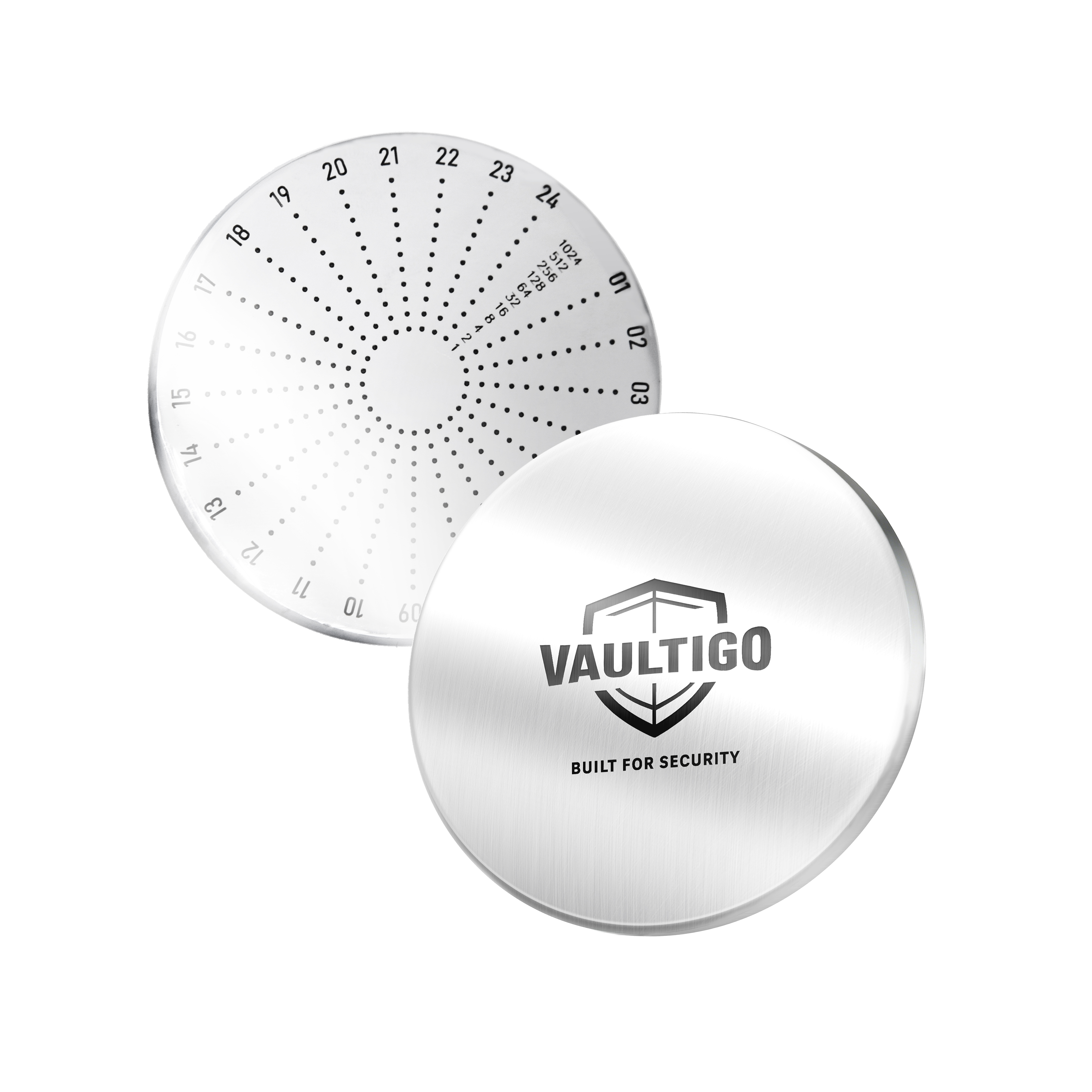Vaultigo Stainless Steel Round Mnemonic Plate - Front & Back View with Seed Phrase Markings