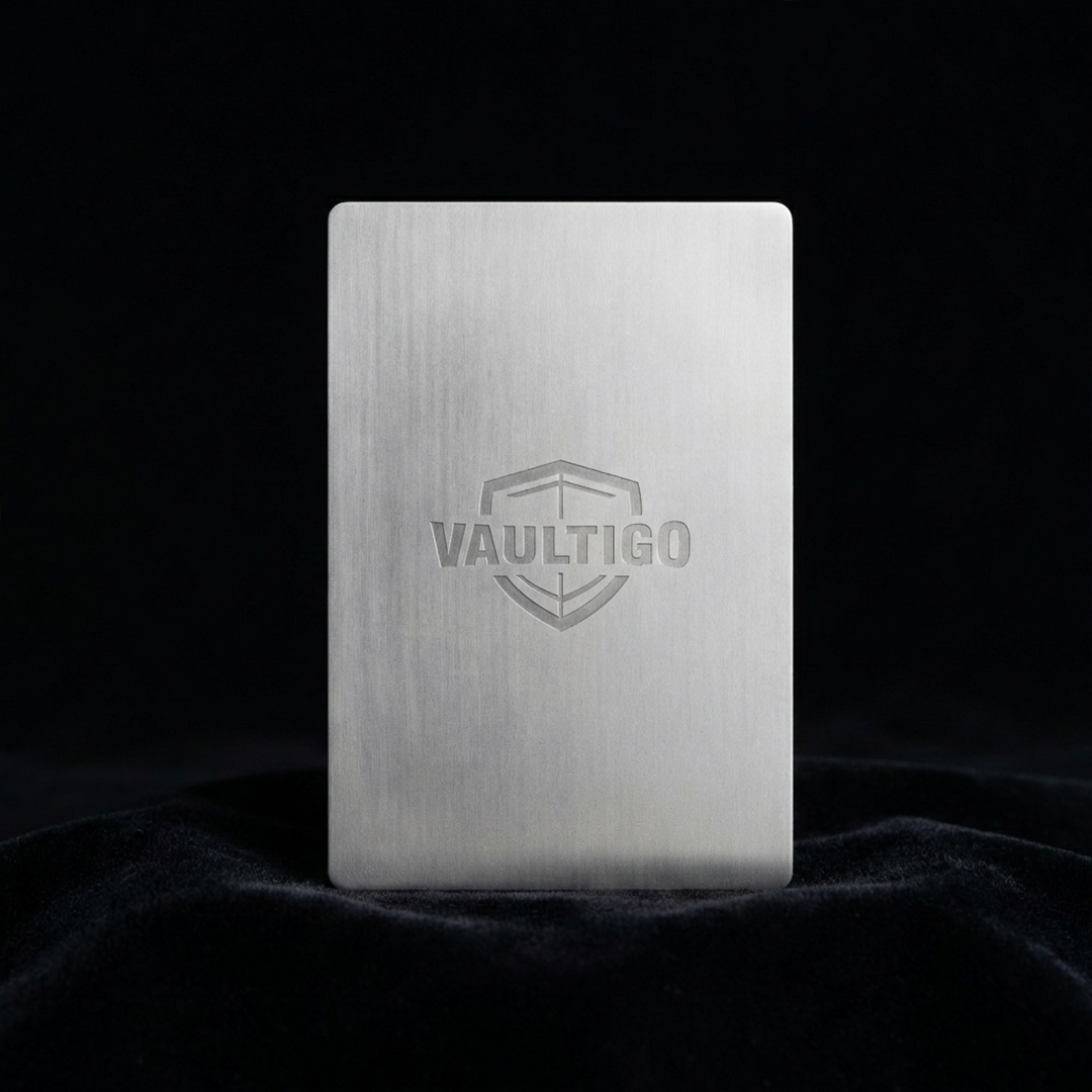 Vaultigo titanium rectangle seed plate logo front view