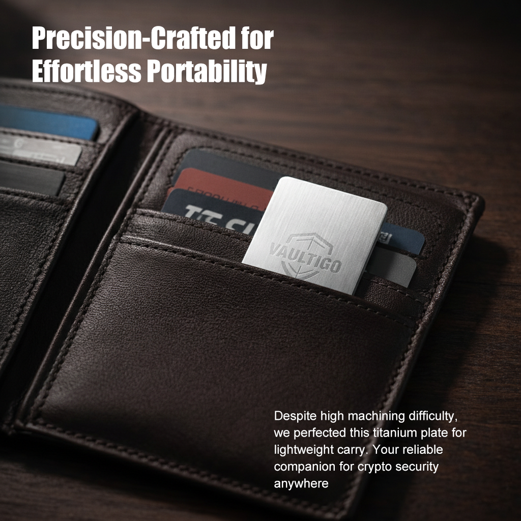 Vaultigo titanium rectangle seed plate wallet carry showcase