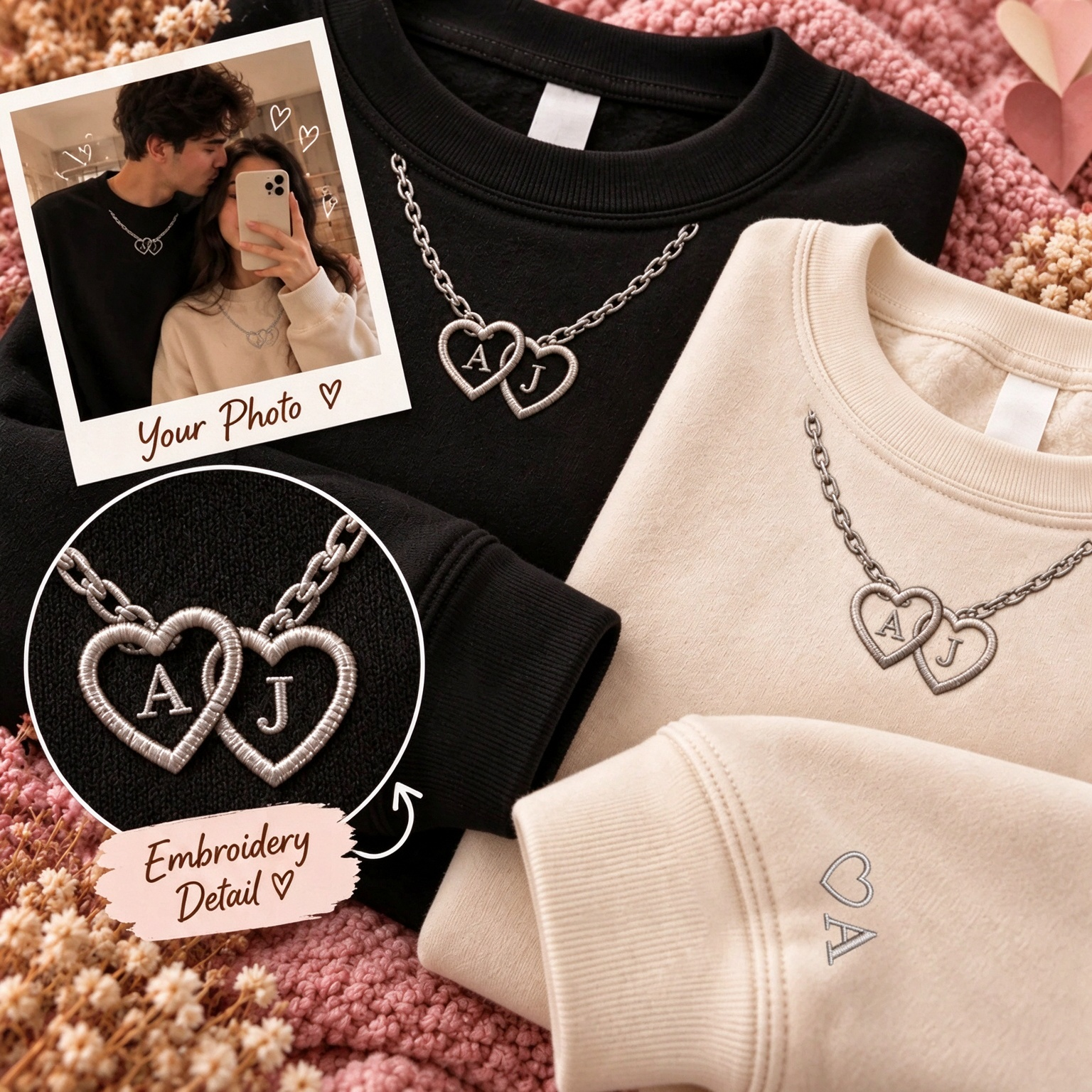 Personalized Double Heart Initial Necklace Embroidered Sweatshirt, Matching Embroidered Sweatshirt For Couples