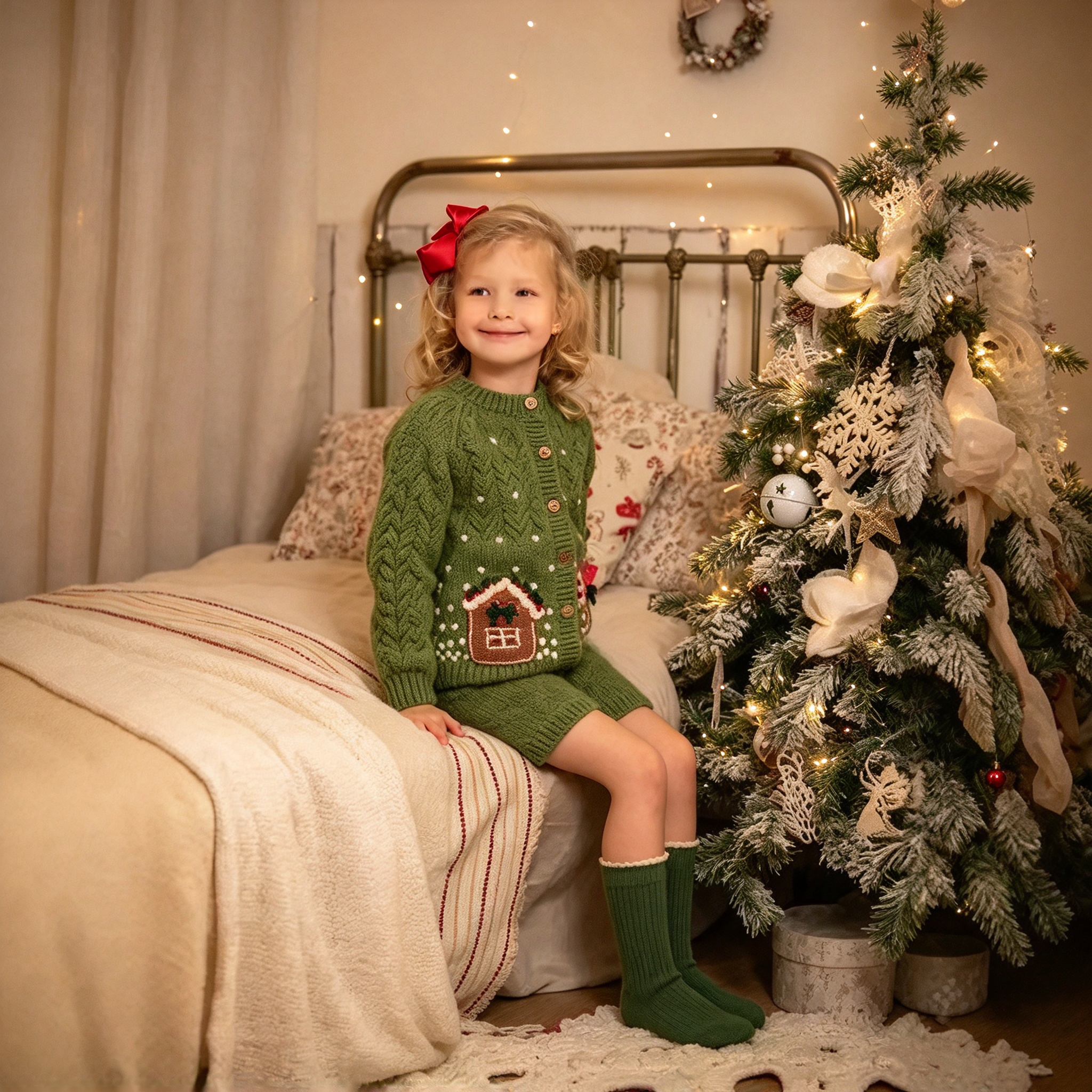 Personalized Kids Christmas Gingerbread Sweater, Custom Name Embroidered Toddler Green Knit Sweater