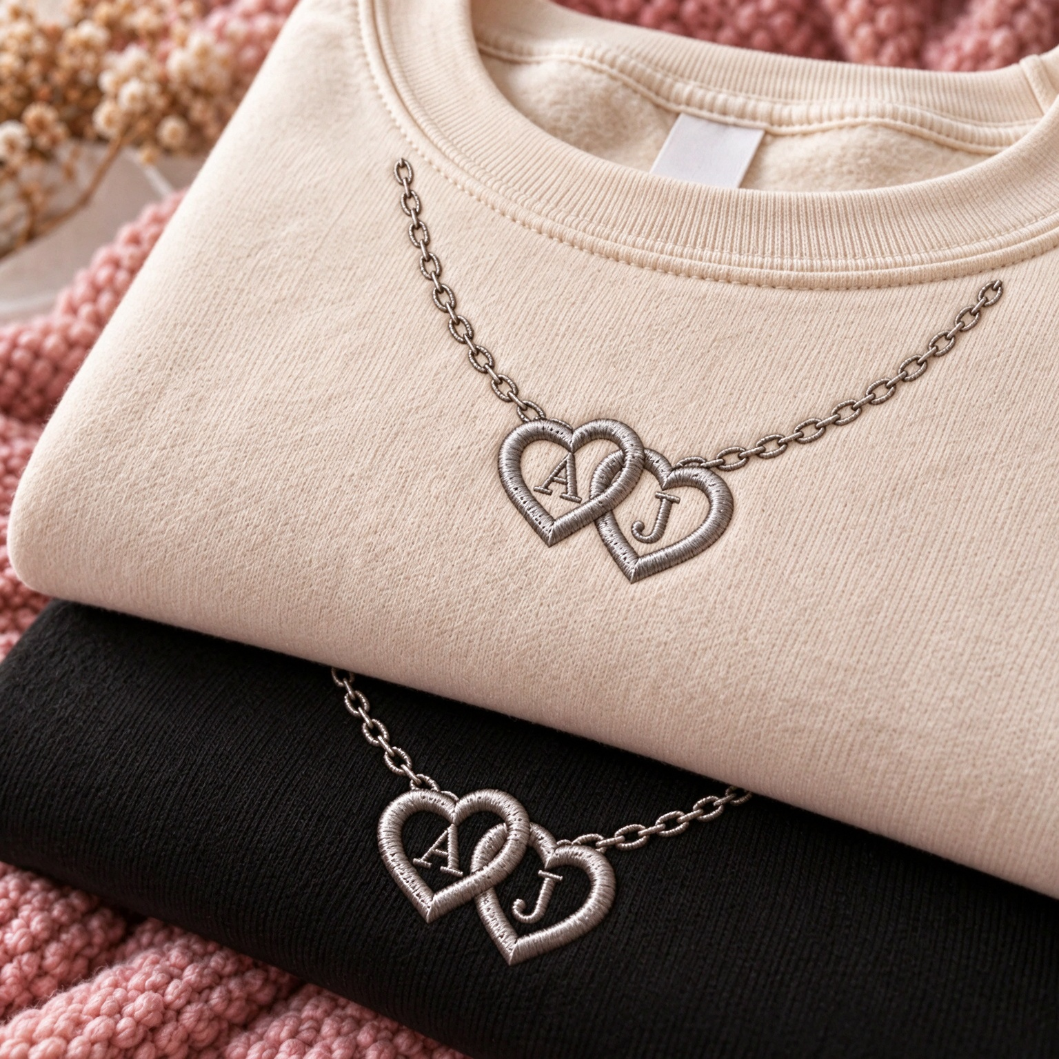Personalized Double Heart Initial Necklace Embroidered Sweatshirt, Matching Embroidered Sweatshirt For Couples