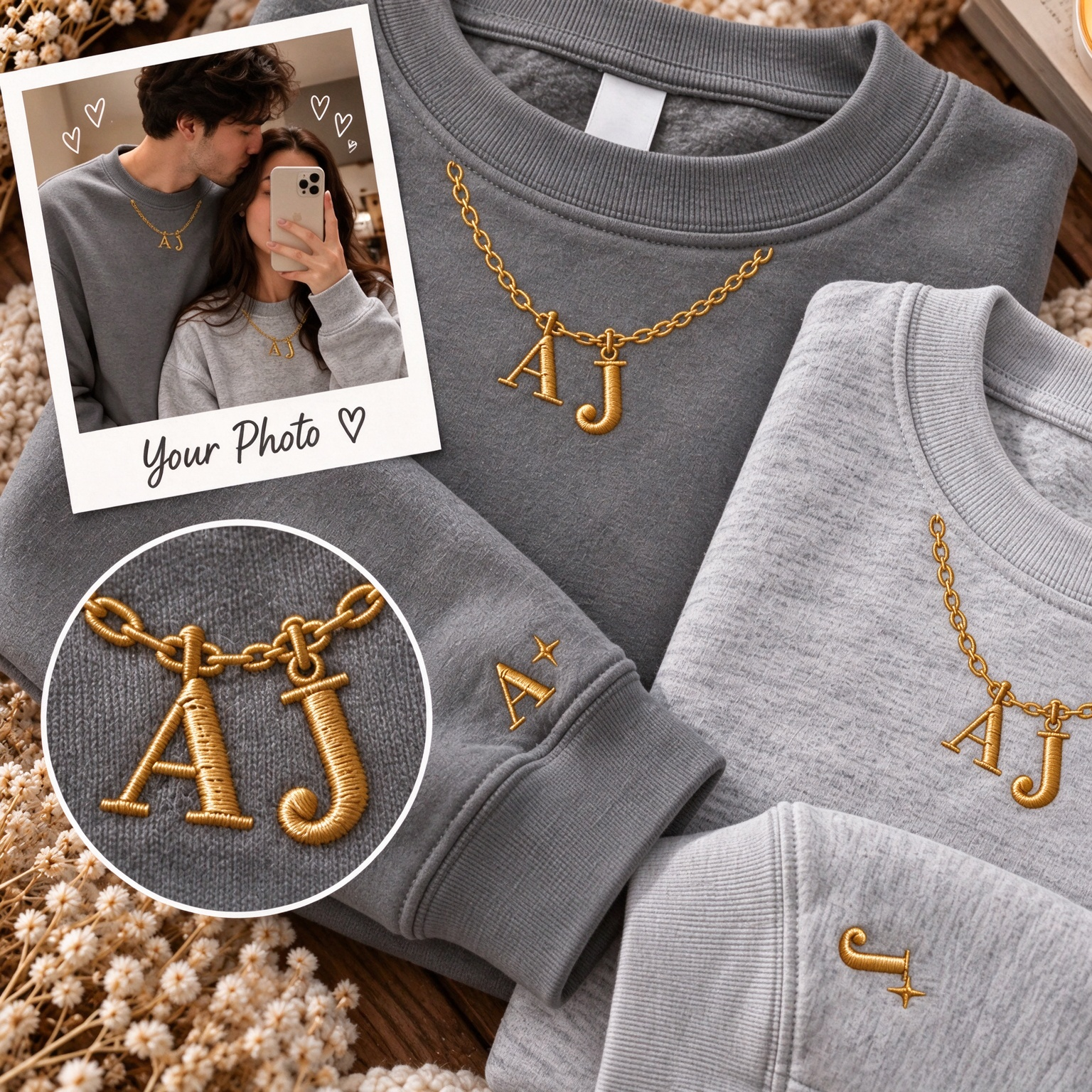 Personalized Double Heart Initial Necklace Embroidered Sweatshirt, Matching Embroidered Sweatshirt For Couples