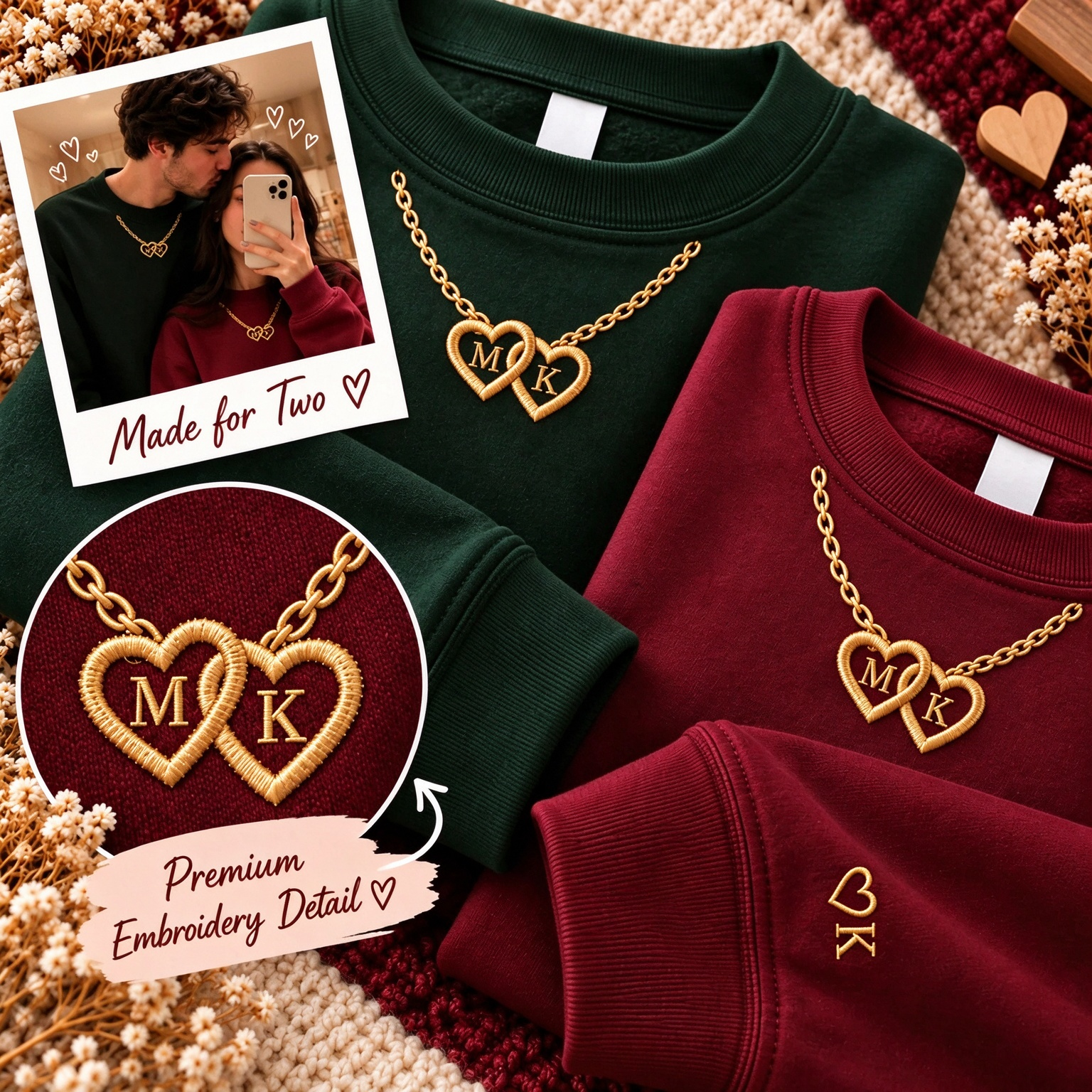 Personalized Double Heart Initial Necklace Embroidered Sweatshirt, Matching Embroidered Sweatshirt For Couples