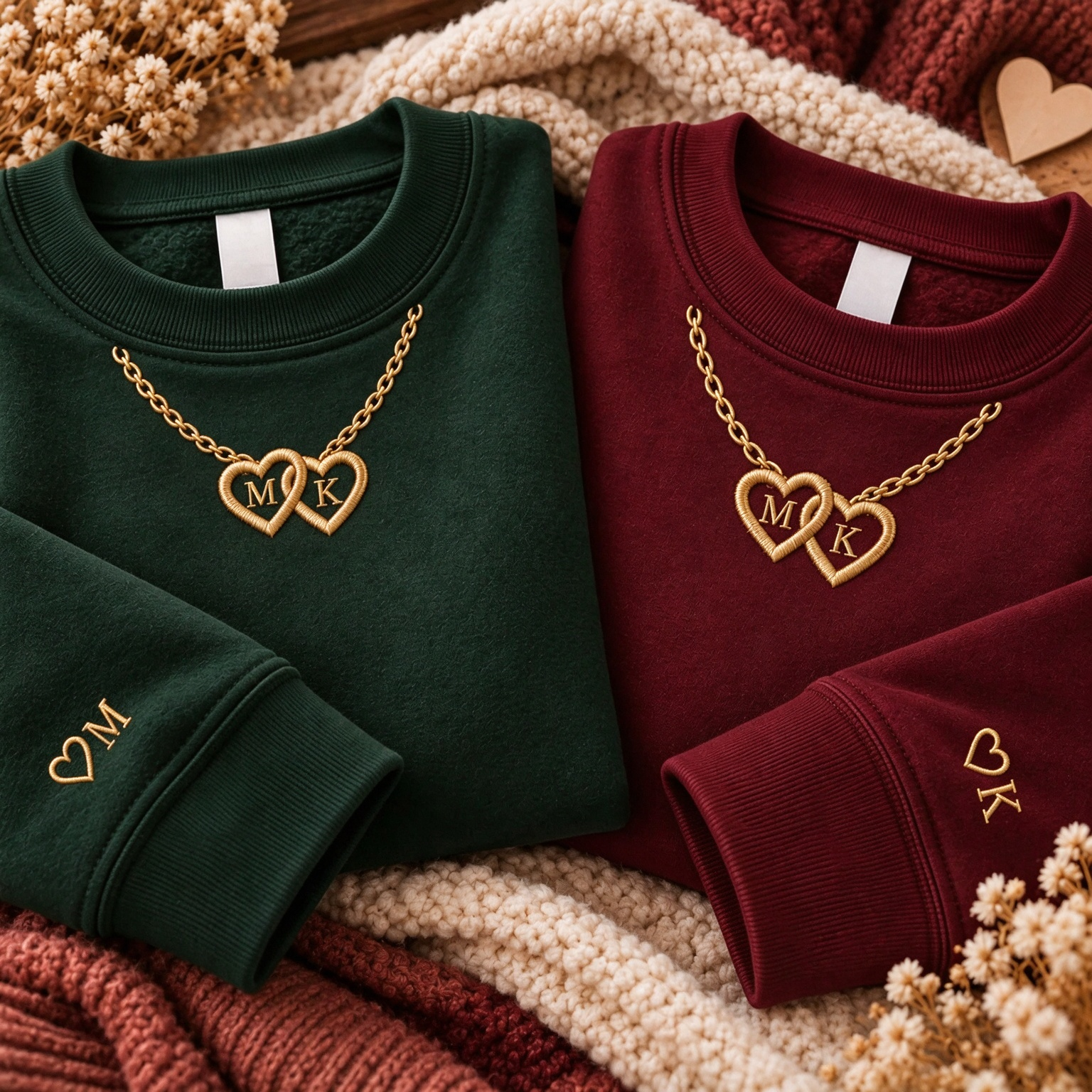 Personalized Double Heart Initial Necklace Embroidered Sweatshirt, Matching Embroidered Sweatshirt For Couples