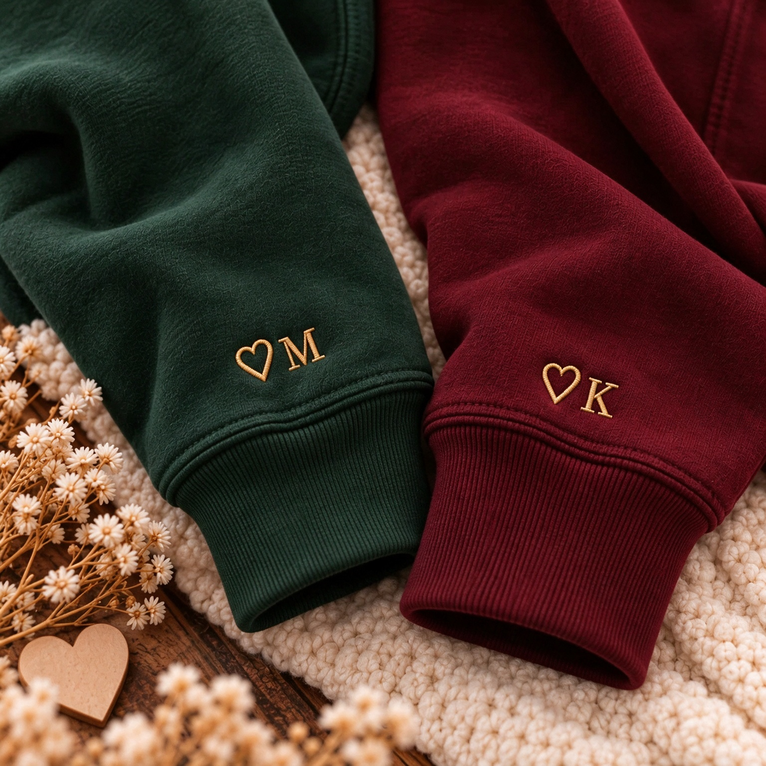 Personalized Double Heart Initial Necklace Embroidered Sweatshirt, Matching Embroidered Sweatshirt For Couples
