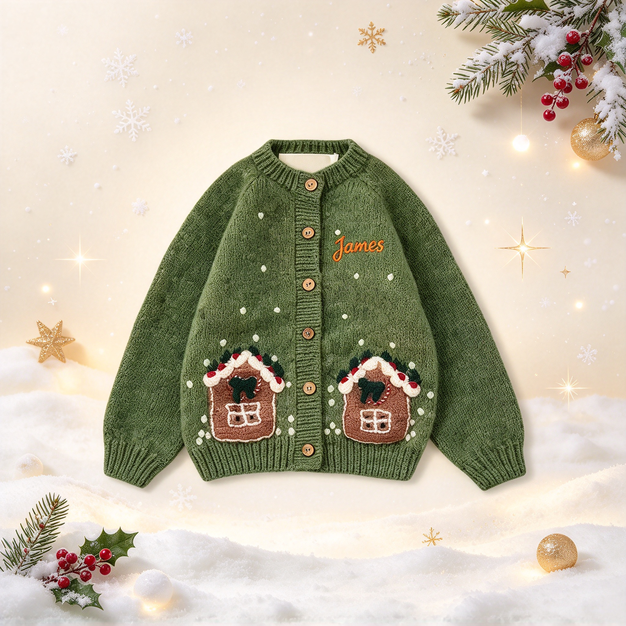 Personalized Kids Christmas Gingerbread Sweater, Custom Name Embroidered Toddler Green Knit Sweater