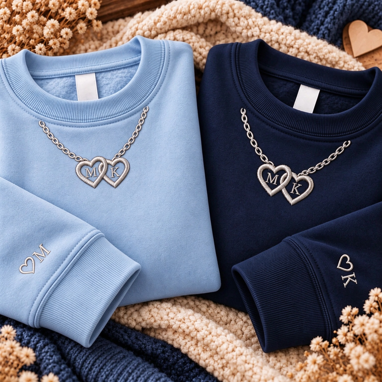 Personalized Double Heart Initial Necklace Embroidered Sweatshirt, Matching Embroidered Sweatshirt For Couples