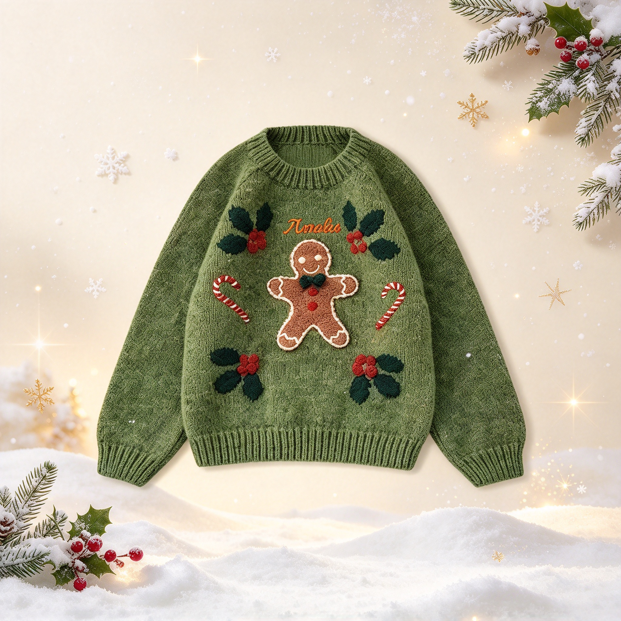 Personalized Kids Christmas Gingerbread Sweater, Custom Name Embroidered Toddler Green Knit Sweater