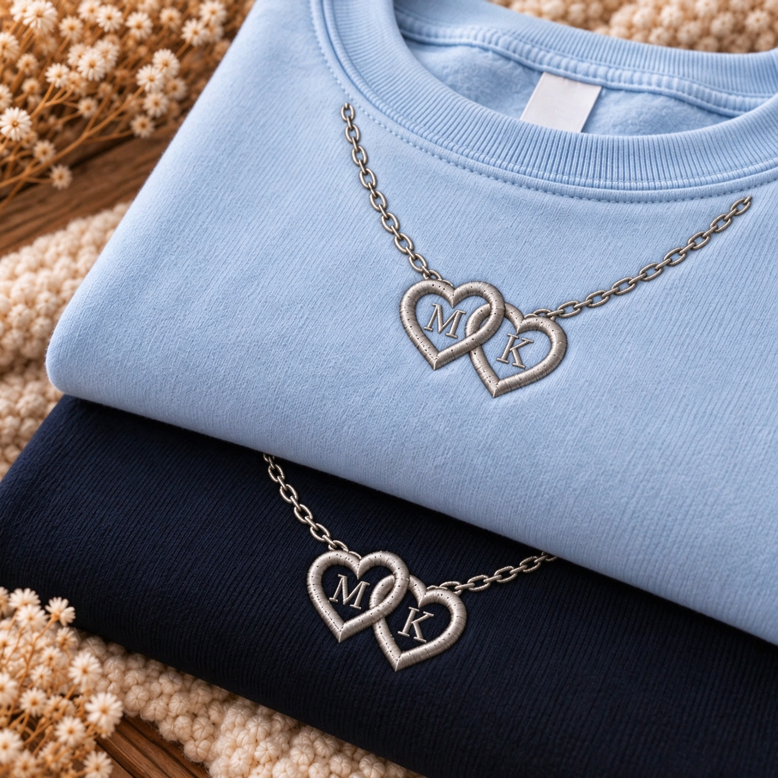 Personalized Double Heart Initial Necklace Embroidered Sweatshirt, Matching Embroidered Sweatshirt For Couples