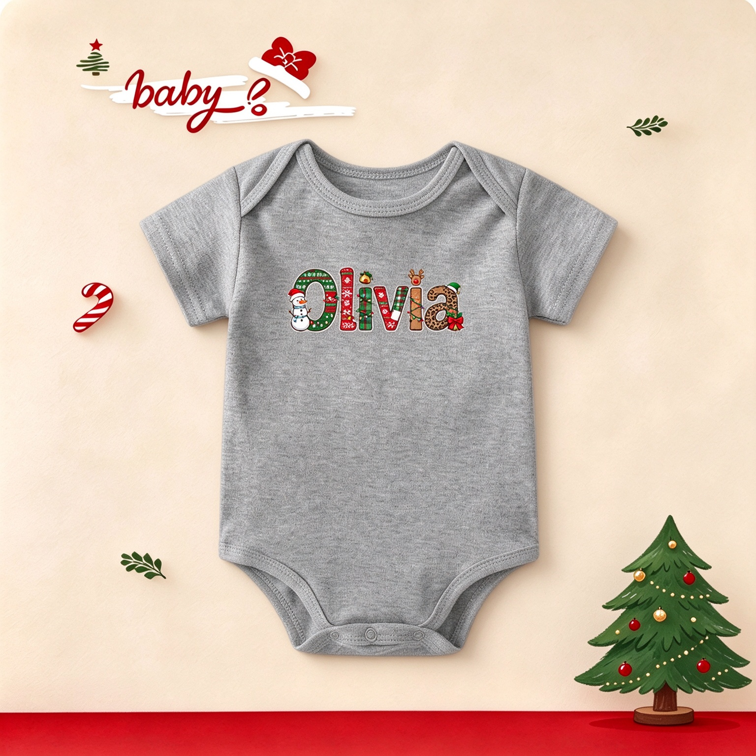 Custom Christmas Name Letter Baby Outfit, Personalized Xmas Infant Bodysuit