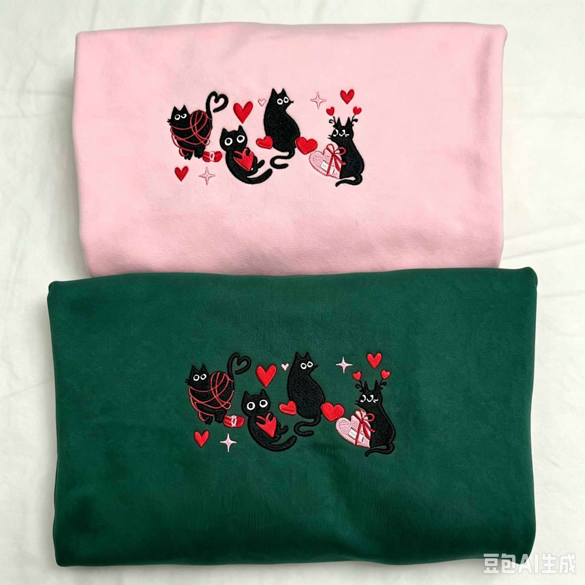 Cat Lover Embroidered Crewneck, Sweet Black Cats & Red Hearts Winter Sweatshirt