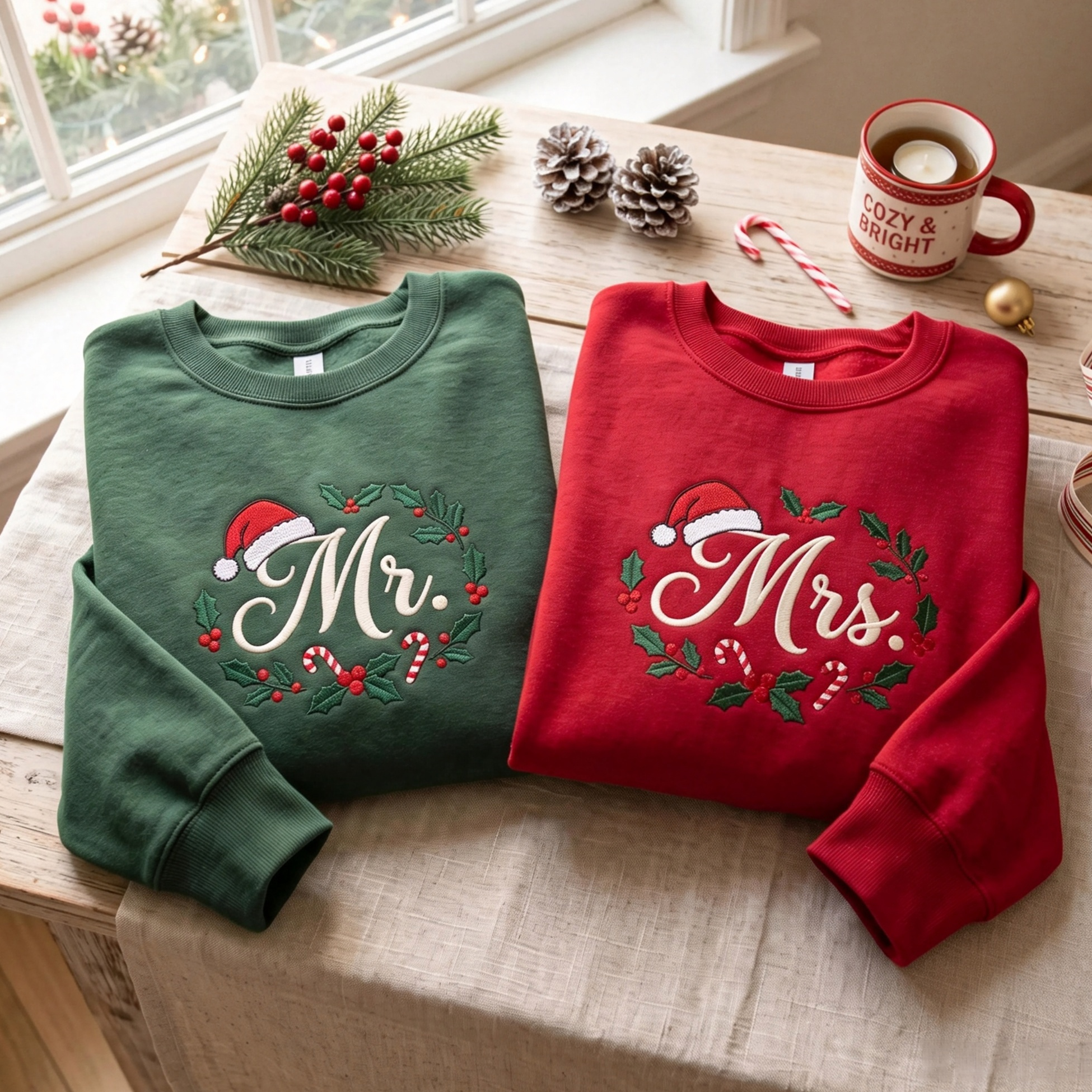 Embroidered Mr. and Mrs. Christmas Sweatshirts, First Christmas Married Couples Gift