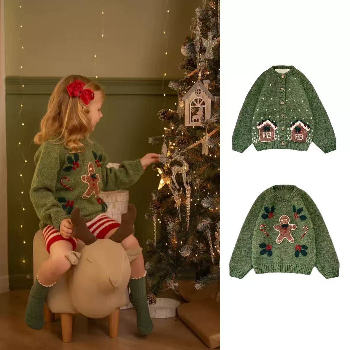 Personalized Kids Christmas Gingerbread Sweater, Custom Name Embroidered Toddler Green Knit Sweater