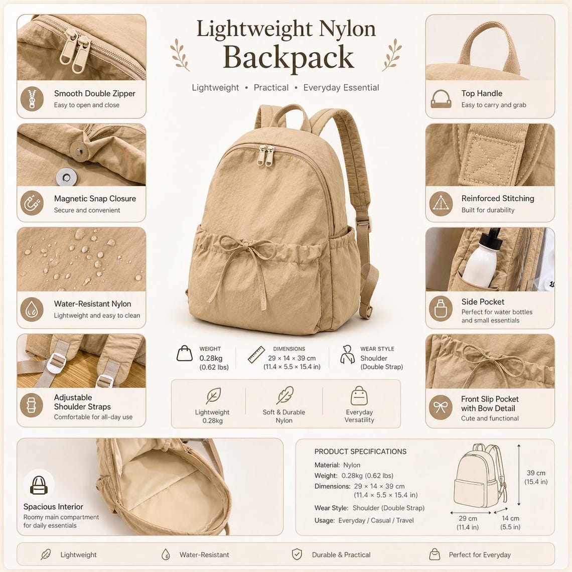 May include: A beige nylon backpack featuring a main compartment with a double zipper, adjustable shoulder straps, a top handle, and a front slip pocket with a bow detail. The backpack measures 29 by 14 by 39 cm and weighs 0.28 kg, with water-resistant fabric.