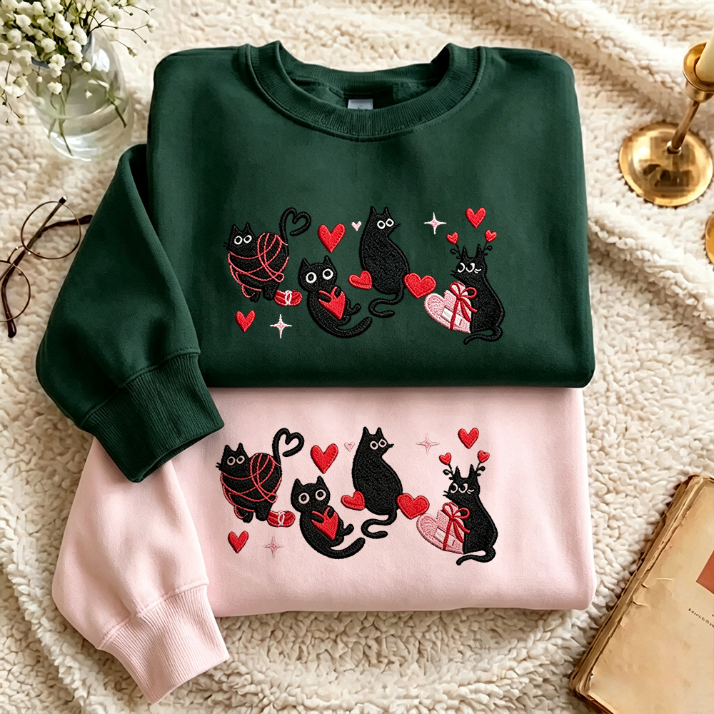 Cat Lover Embroidered Crewneck, Sweet Black Cats & Red Hearts Winter Sweatshirt