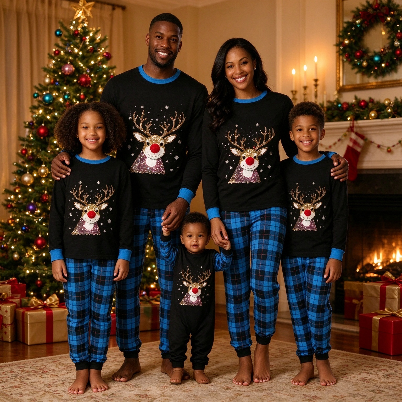 Christmas Reindeer & Tree Print Holiday Sleepwear Matching Family Pajamas Set