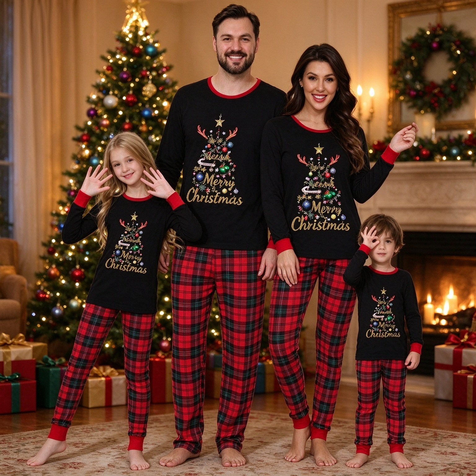 Christmas Reindeer & Tree Print Holiday Sleepwear Matching Family Pajamas Set