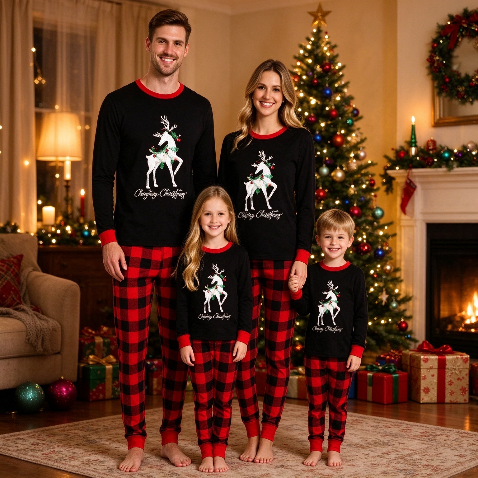 Christmas Reindeer & Tree Print Holiday Sleepwear Matching Family Pajamas Set