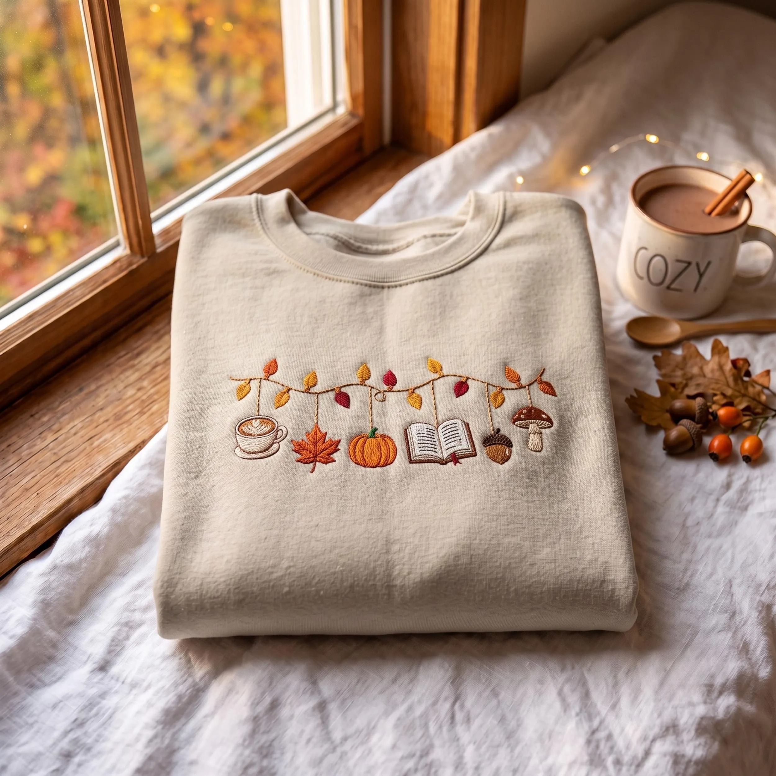 Cozy Fall Autumn Garland Embroidered Sweatshirt
