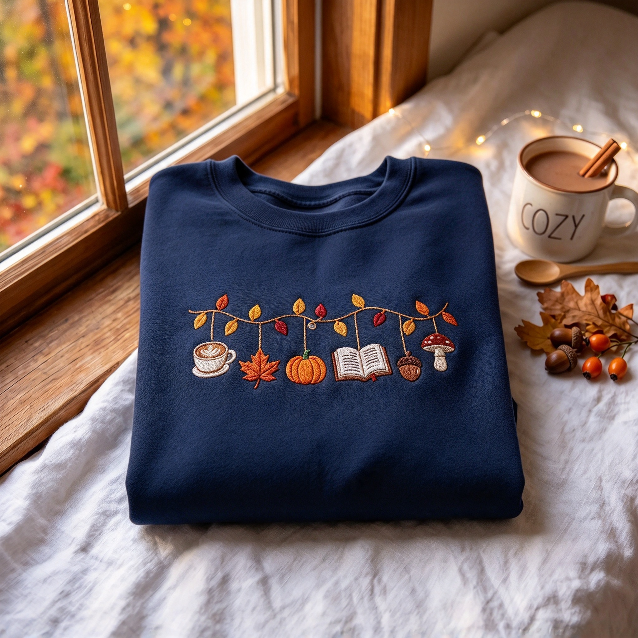 Cozy Fall Autumn Garland Embroidered Sweatshirt