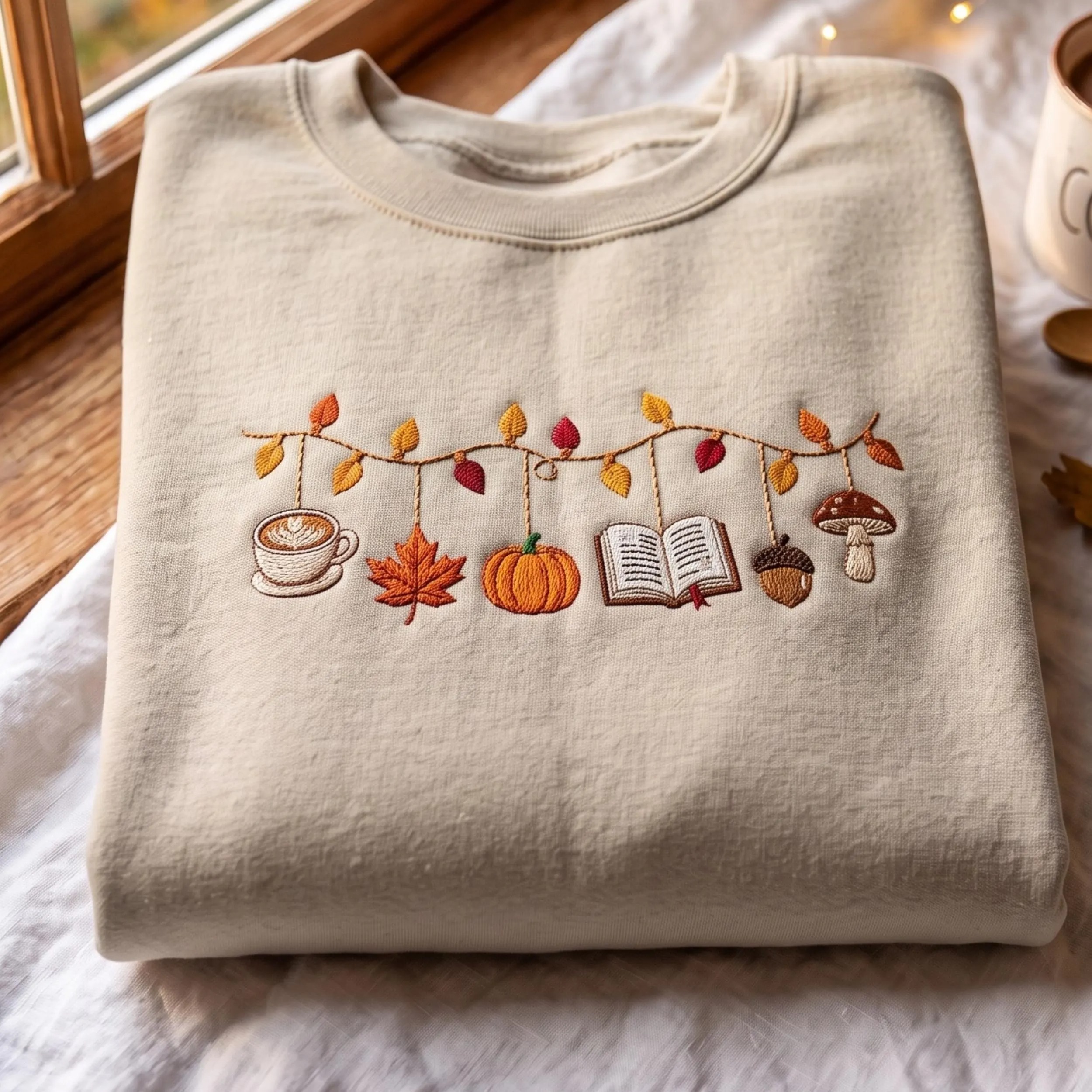 Cozy Fall Autumn Garland Embroidered Sweatshirt