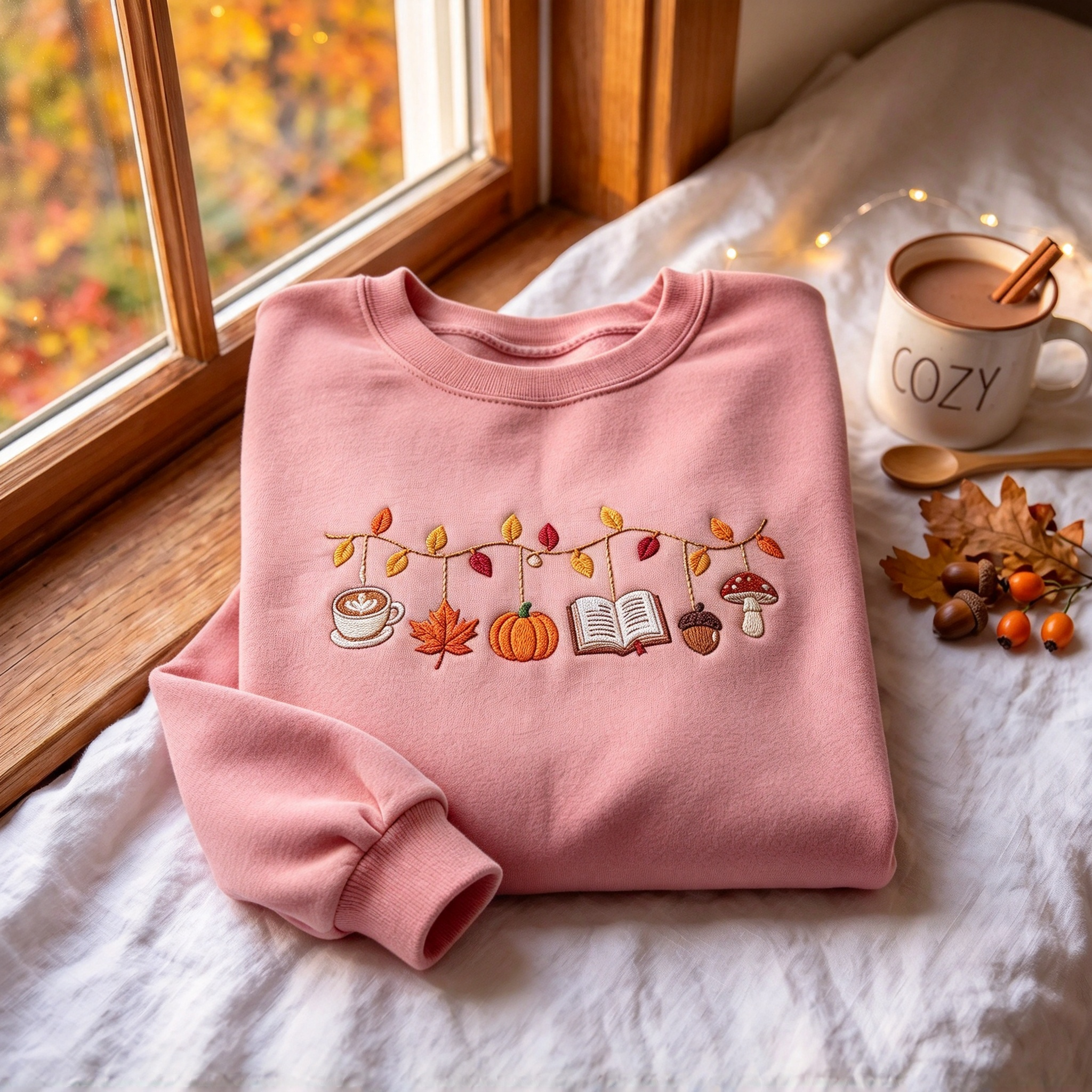 Cozy Fall Autumn Garland Embroidered Sweatshirt