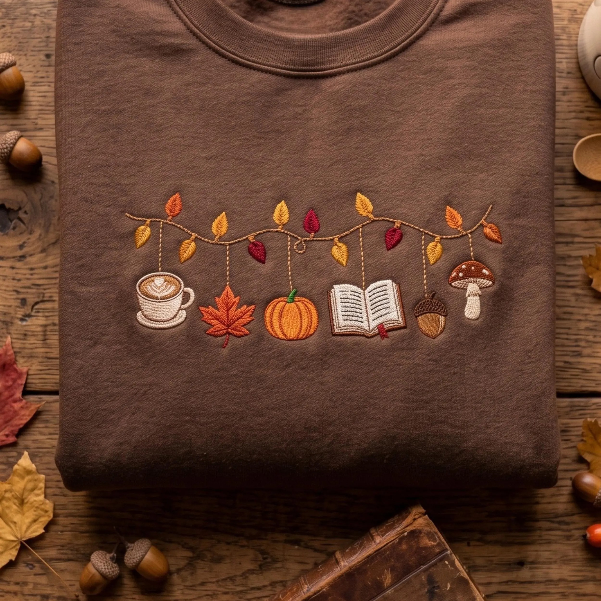 Cozy Fall Autumn Garland Embroidered Sweatshirt