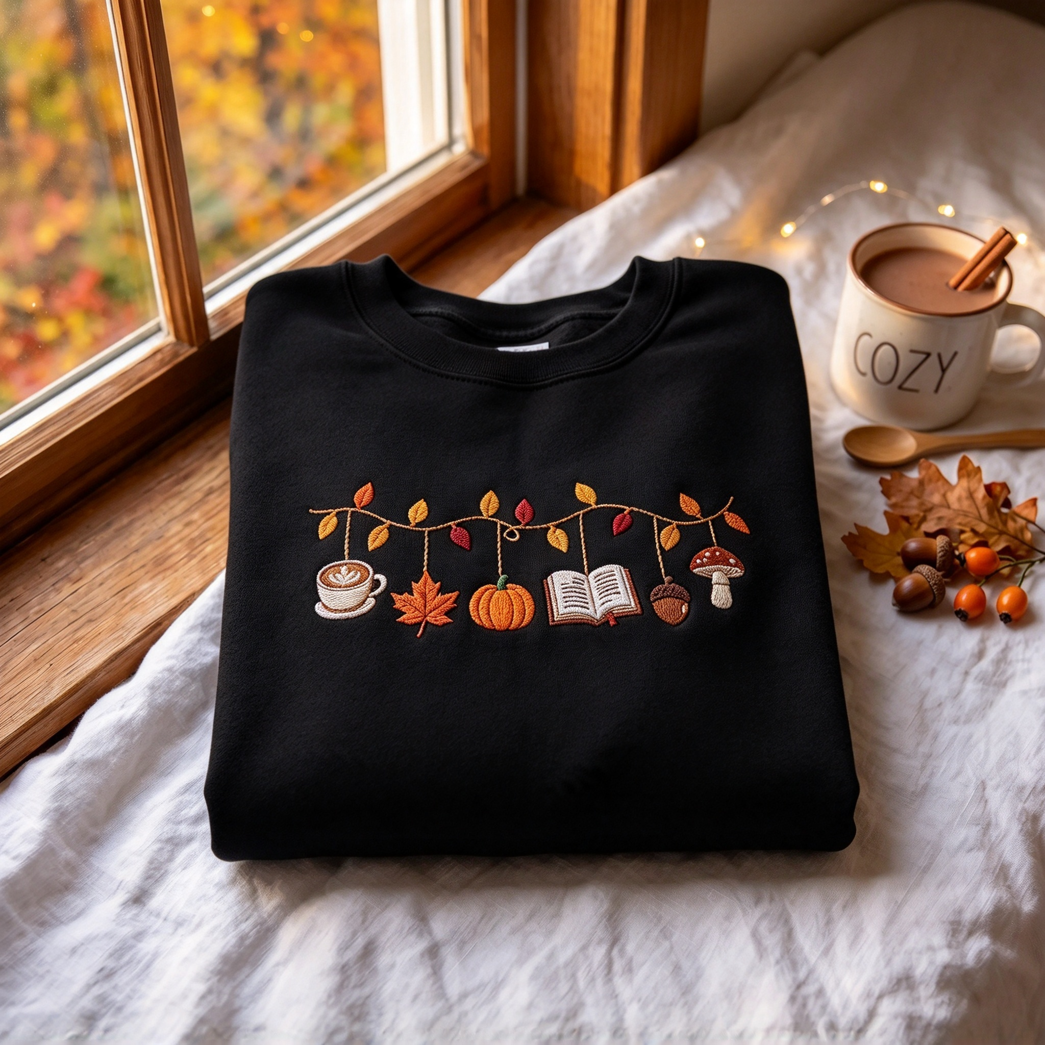 Cozy Fall Autumn Garland Embroidered Sweatshirt
