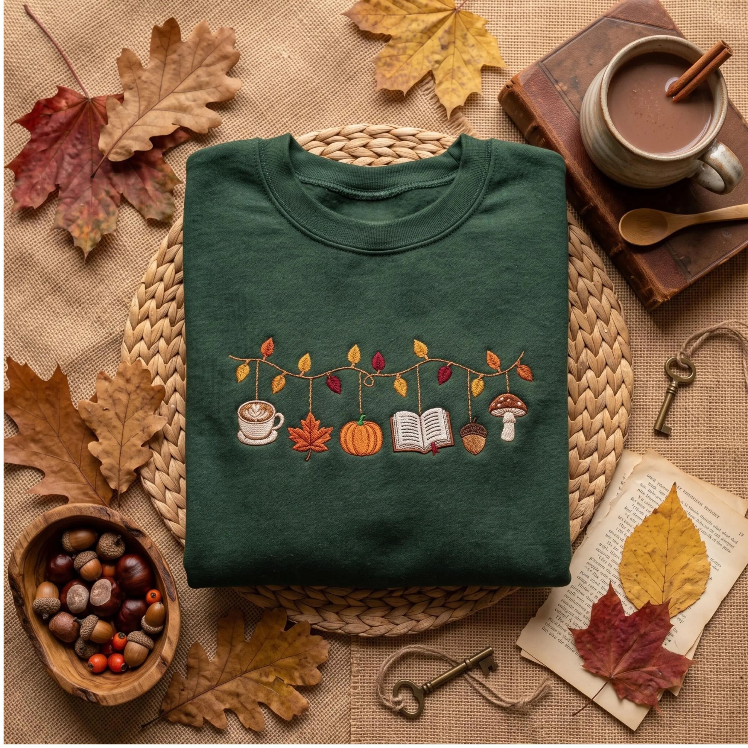 Cozy Fall Autumn Garland Embroidered Sweatshirt
