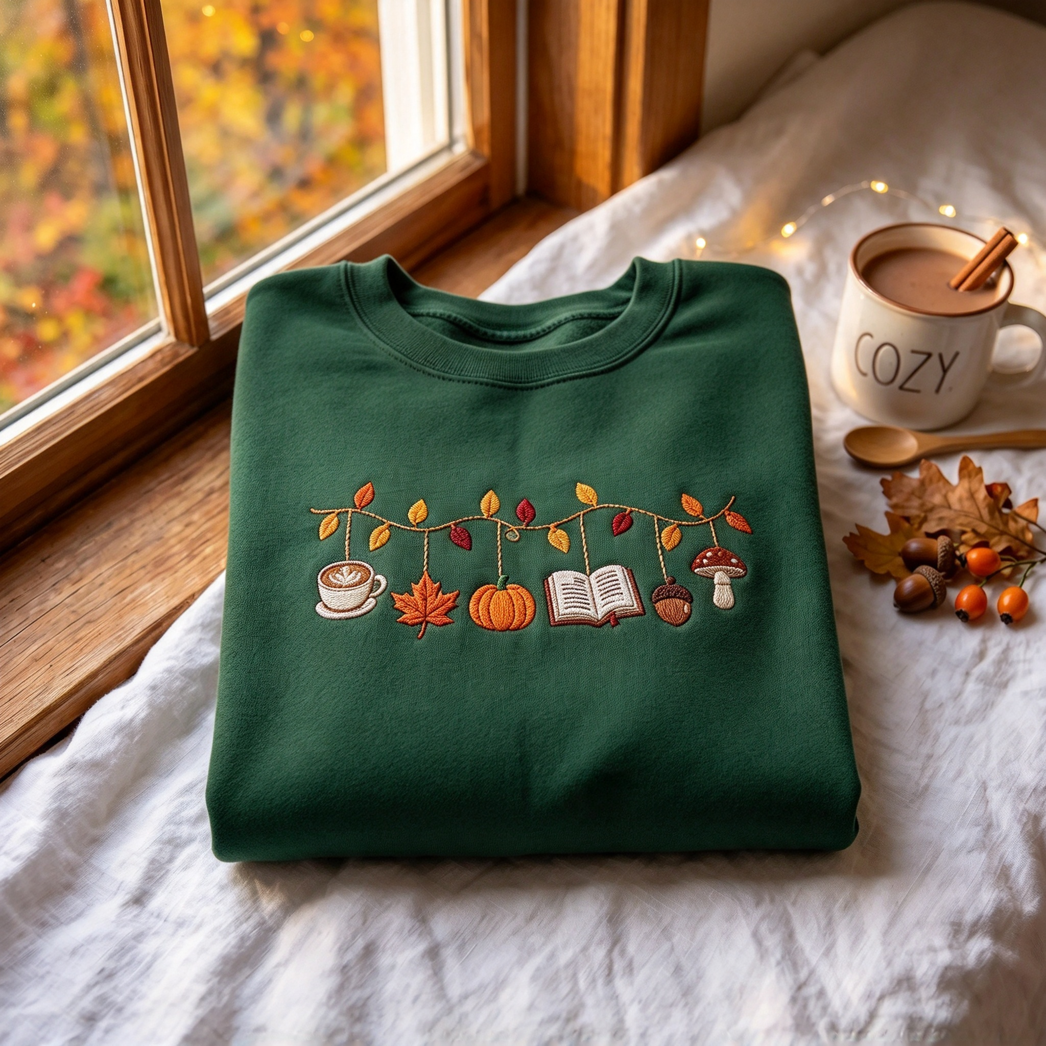 Cozy Fall Autumn Garland Embroidered Sweatshirt