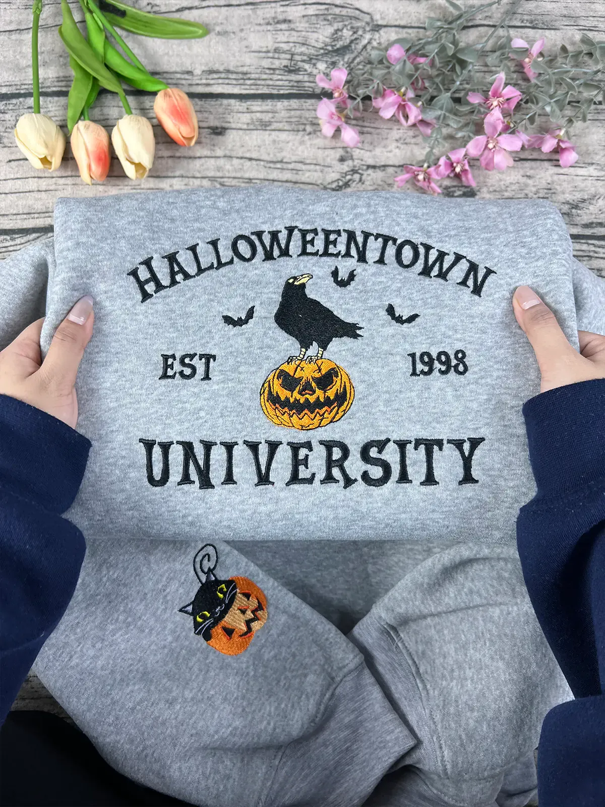 Crow and Pumpkin Spooky Fall Season - Embroidered Halloweentown Sweatshirt
