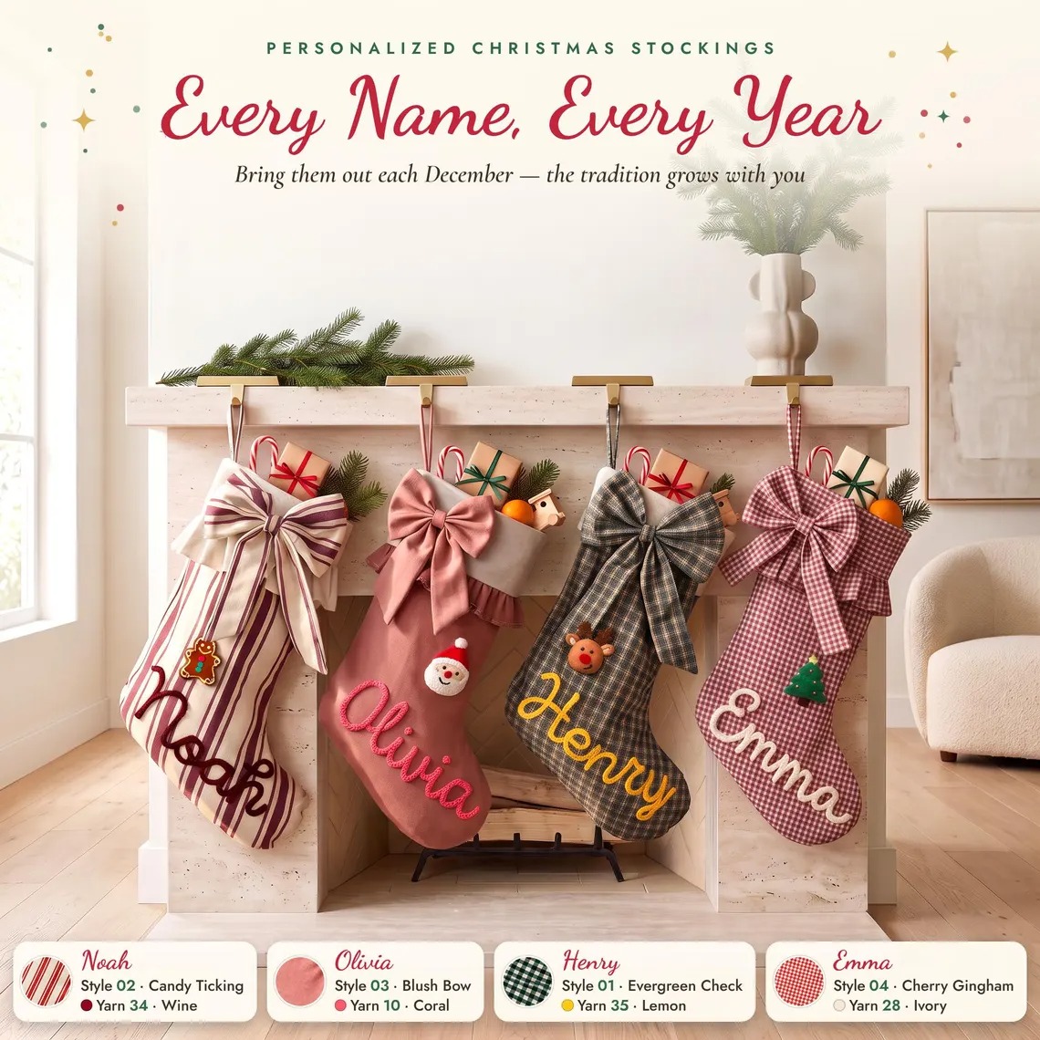 Custom Bow Personalized Name Christmas Stockings