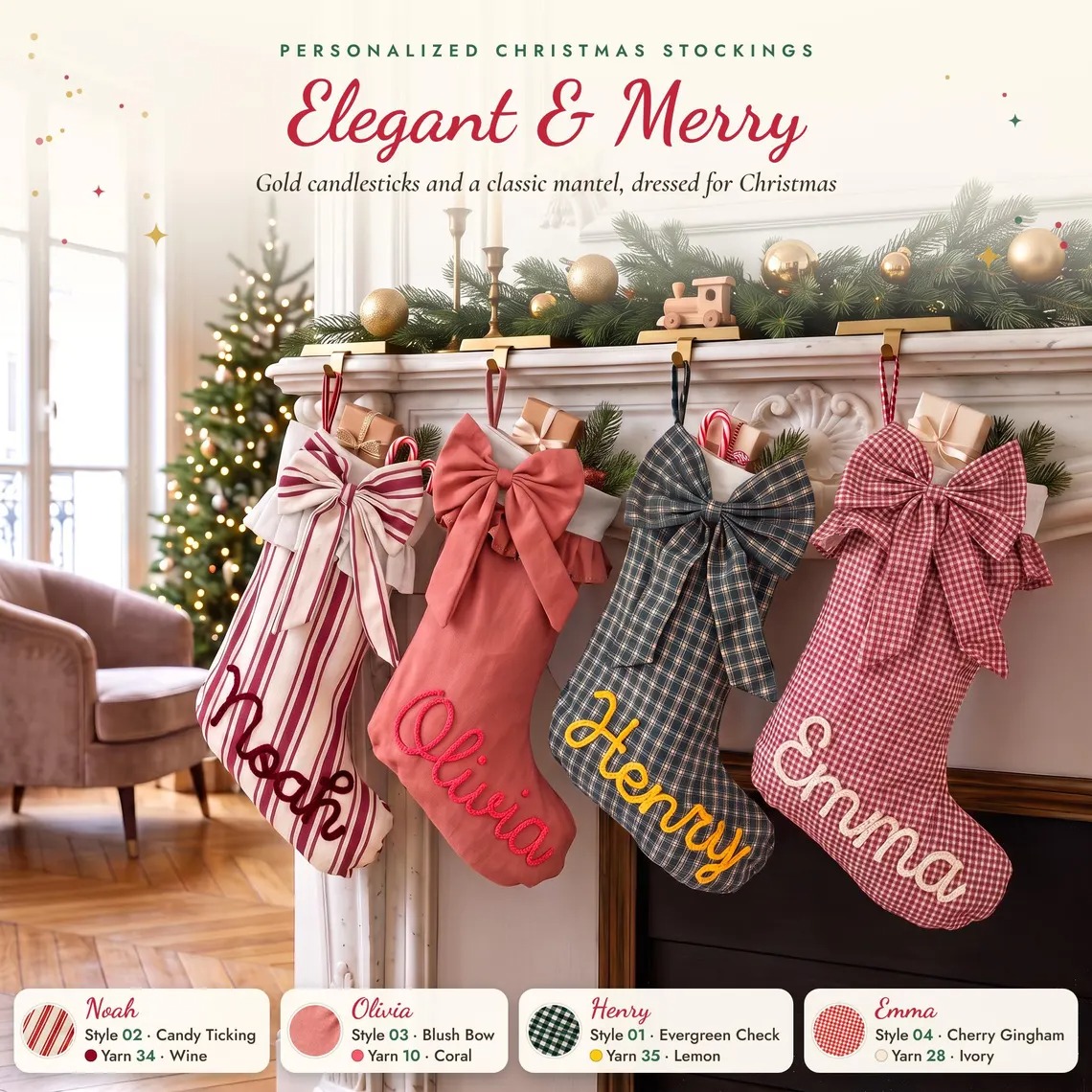 Custom Bow Personalized Name Christmas Stockings