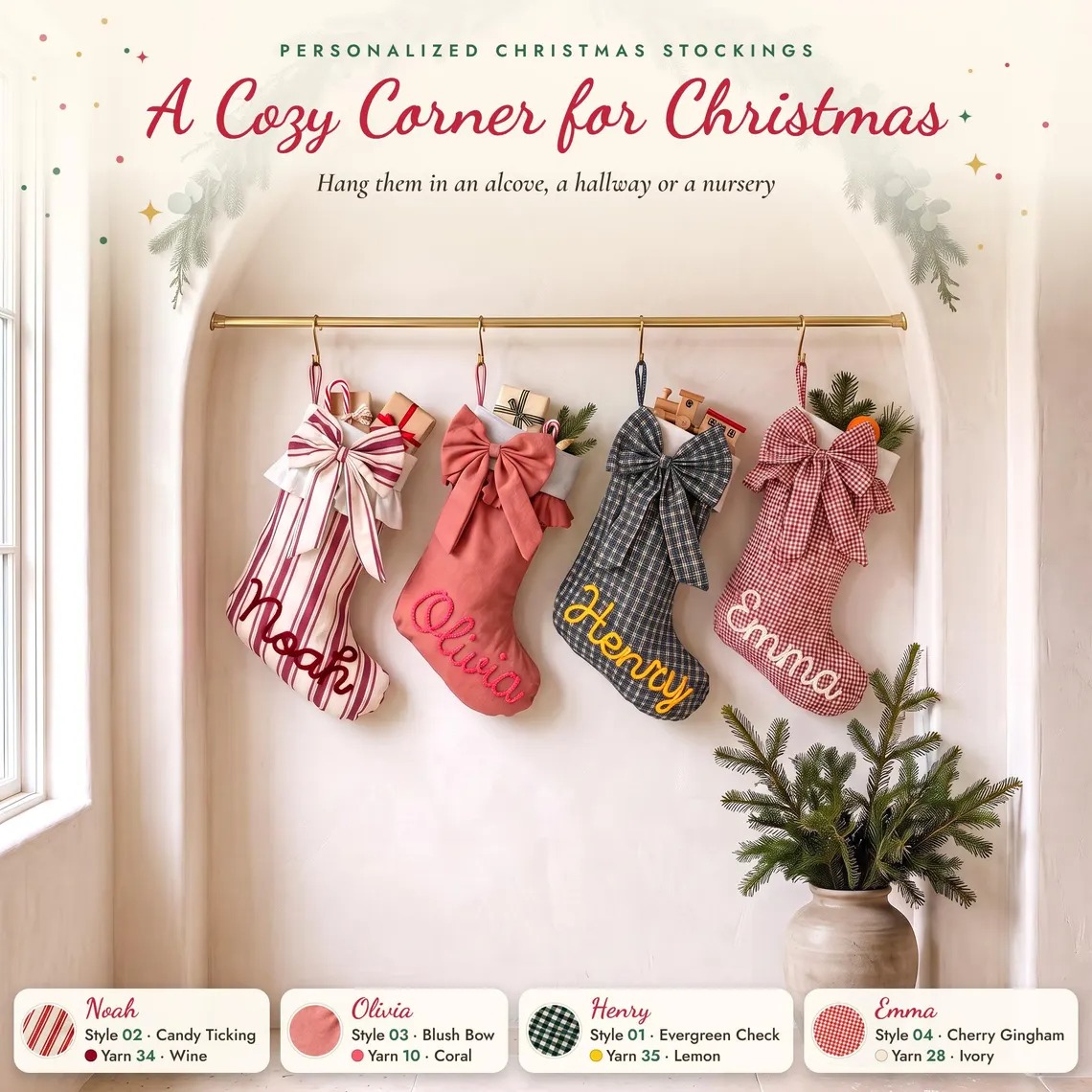 Custom Bow Personalized Name Christmas Stockings