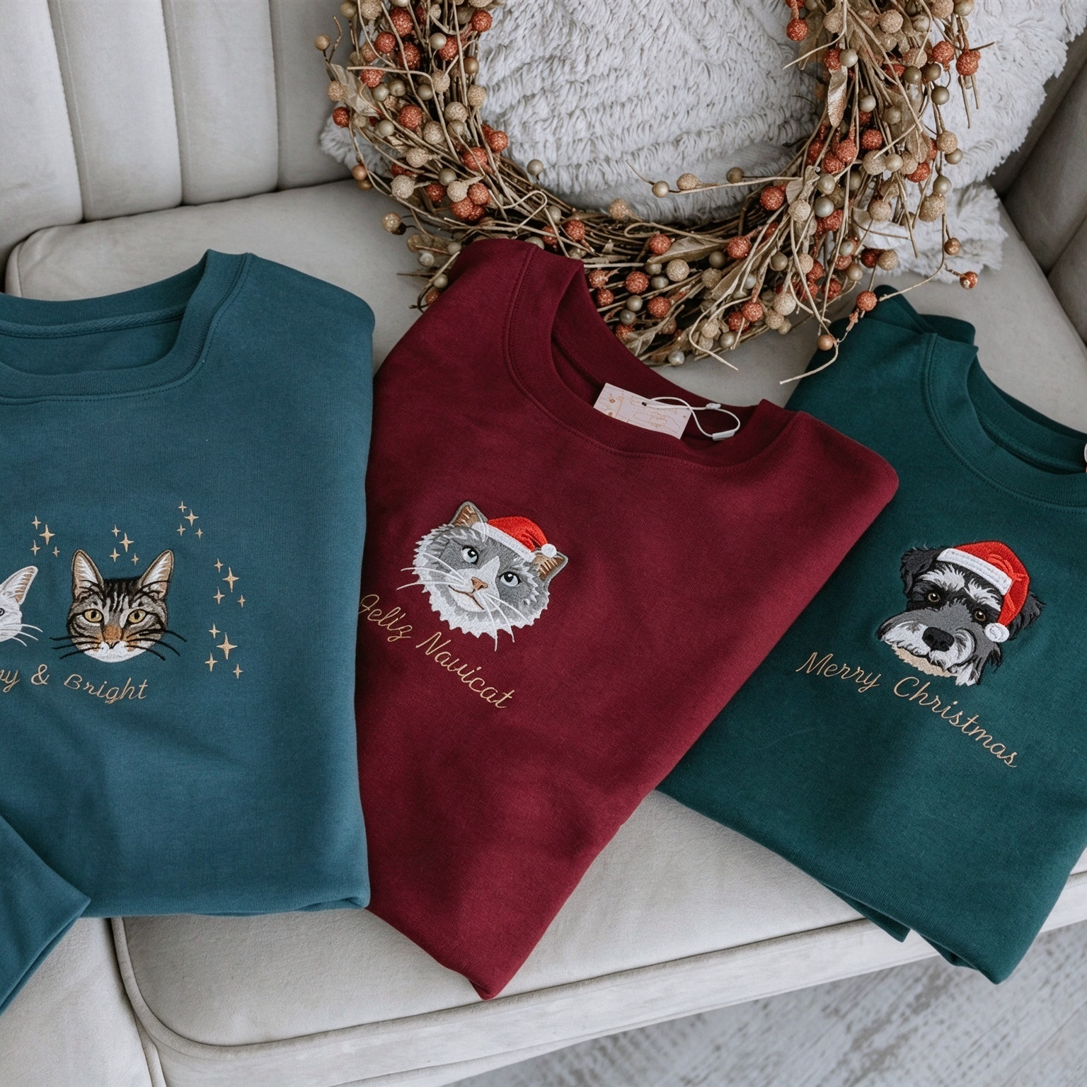 Custom Christmas Pet Portrait Embroidered Sweatshirt