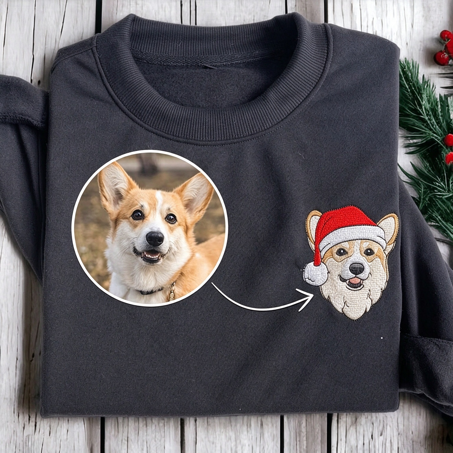 Custom Christmas Pet Portrait Embroidered Sweatshirt