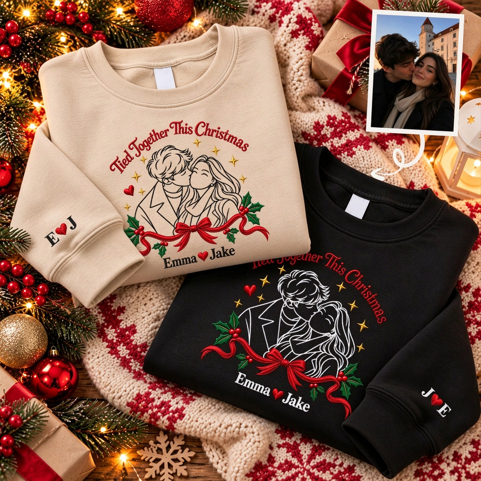 Custom Couple Portrait Embroidered Sweatshirt | Tied Together This Christmas