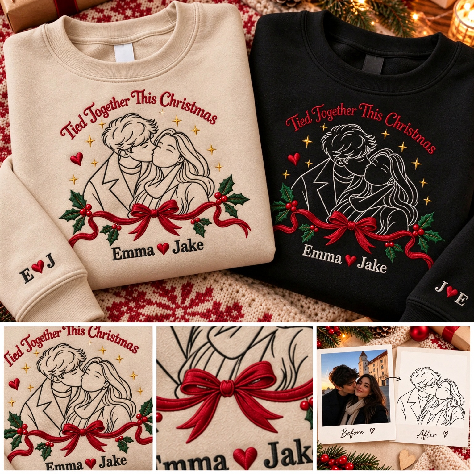 Custom Couple Portrait Embroidered Sweatshirt | Tied Together This Christmas
