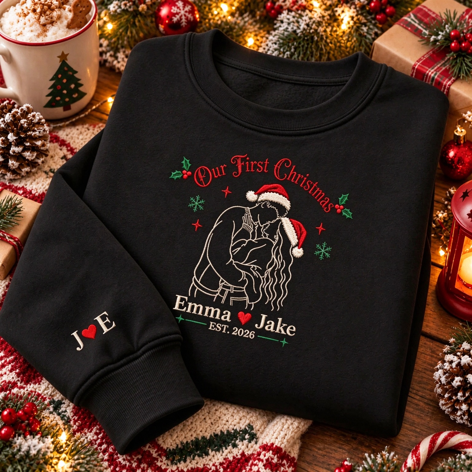 Our First Christmas Custom Couple Photo Embroidered Sweatshirt, Personalized Photo Matching Sweatshirts