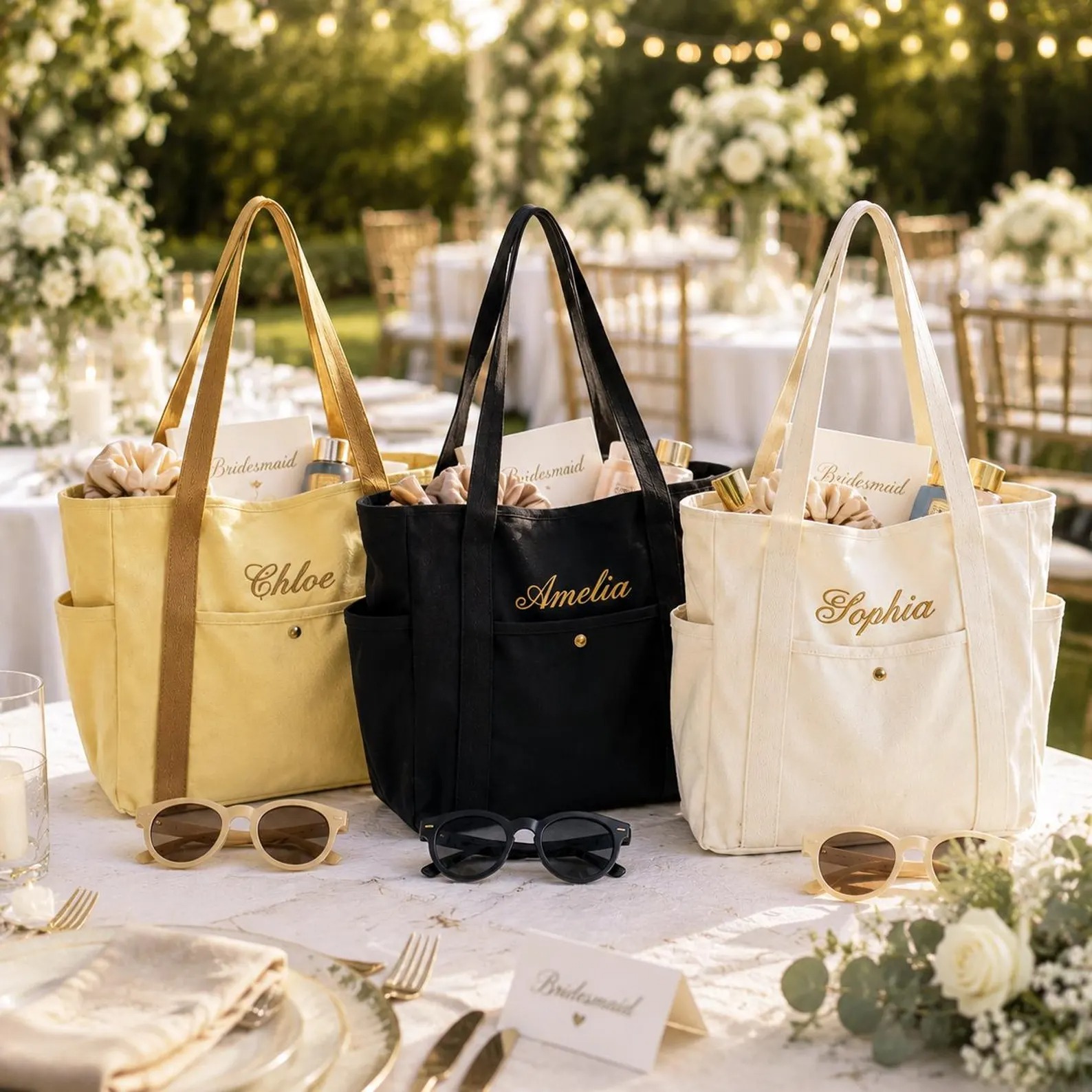 Custom Embroidered Bridesmaid Tote Bag, Personalized Canvas Beach Bag with Initial Ribbon