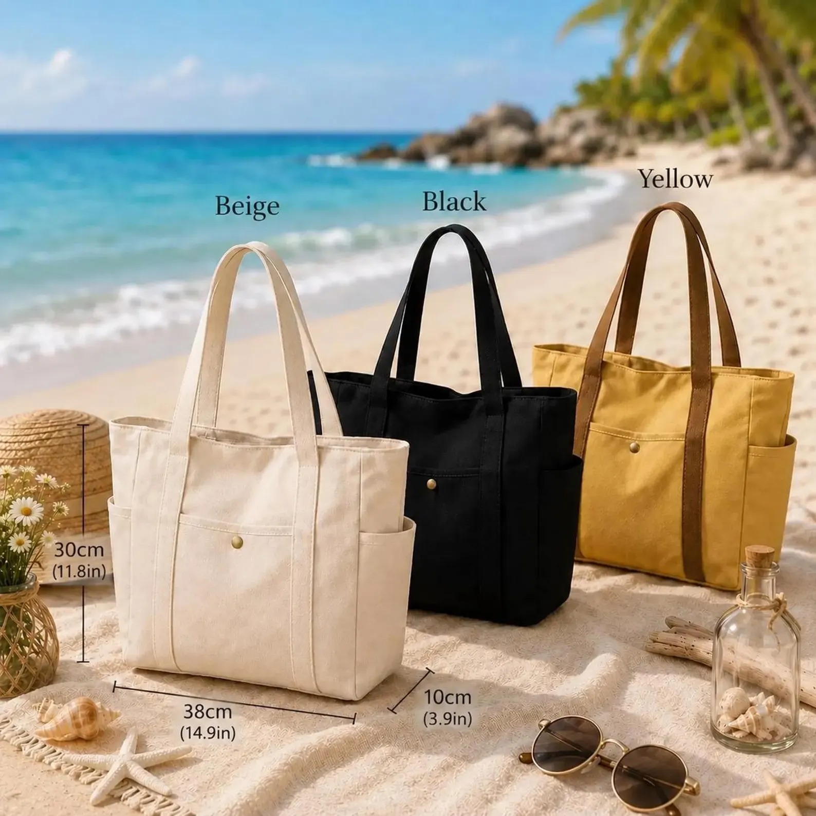 Custom Embroidered Bridesmaid Tote Bag, Personalized Canvas Beach Bag with Initial Ribbon