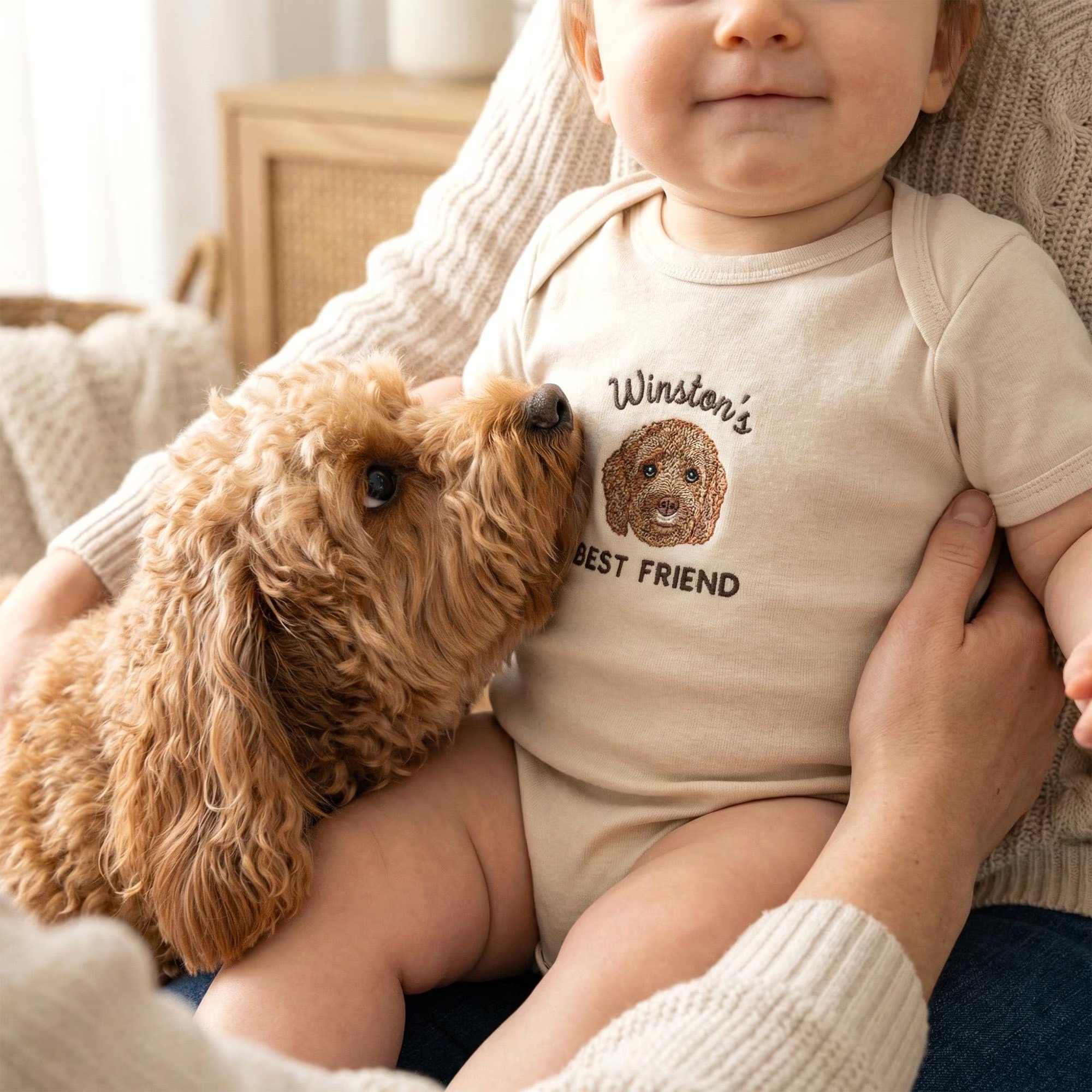 Custom Embroidered Dog Portrait Baby Onesie – Personalized Pet Sibling Outfit