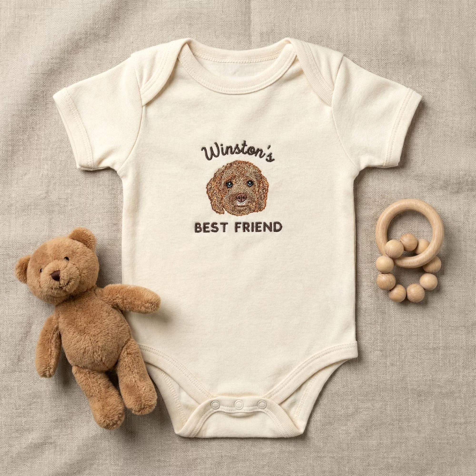 Custom Embroidered Dog Portrait Baby Onesie – Personalized Pet Sibling Outfit