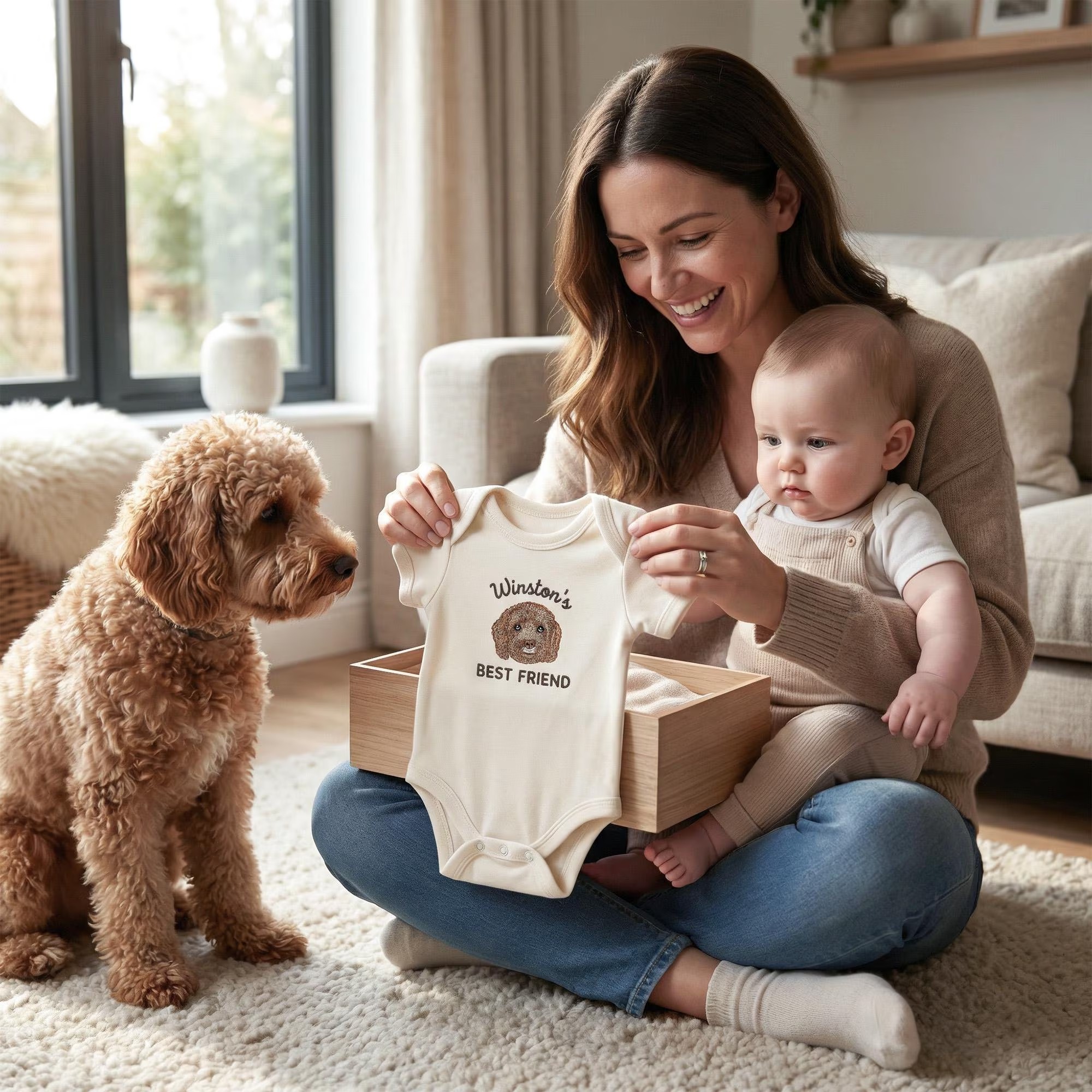 Custom Embroidered Dog Portrait Baby Onesie – Personalized Pet Sibling Outfit