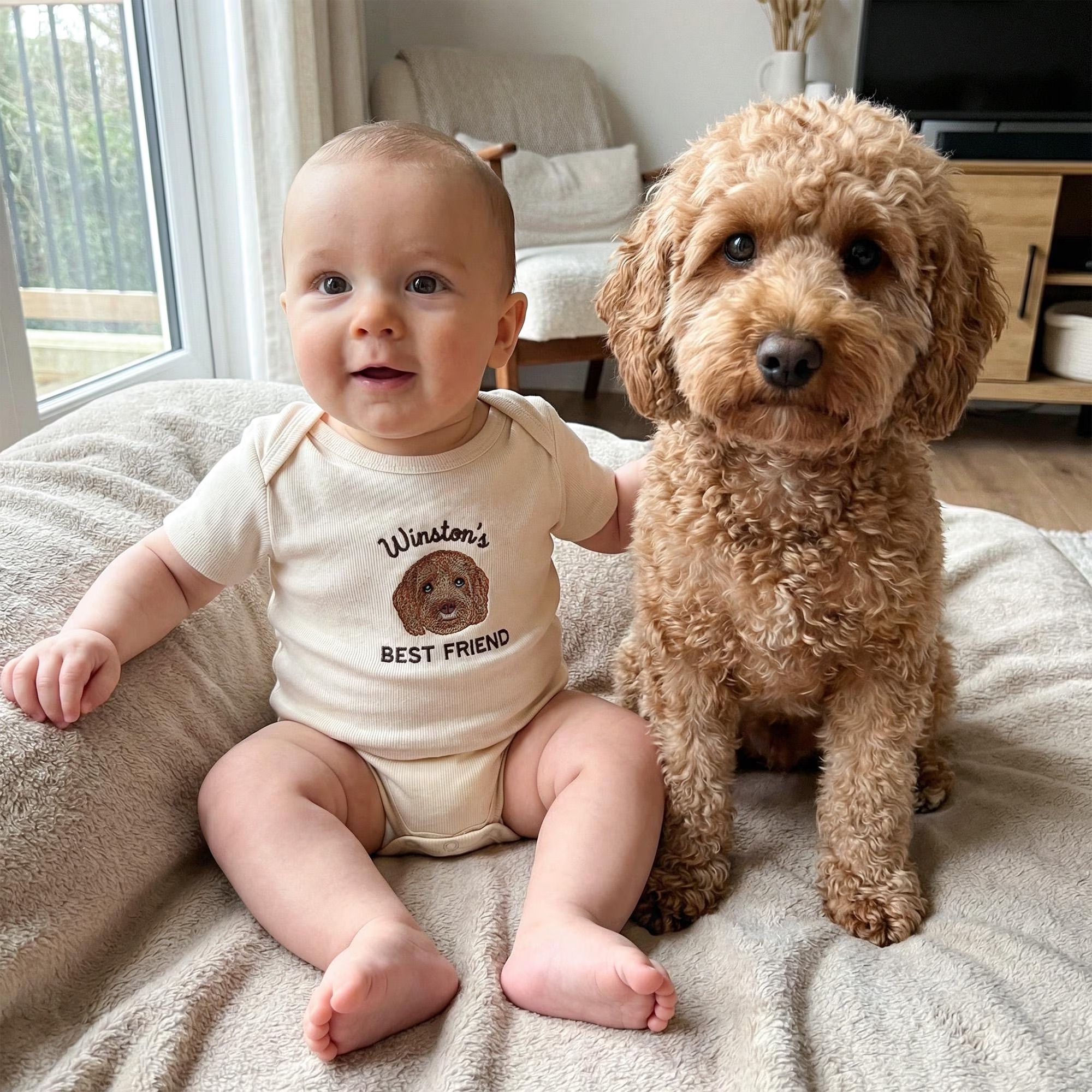 Custom Embroidered Dog Portrait Baby Onesie – Personalized Pet Sibling Outfit