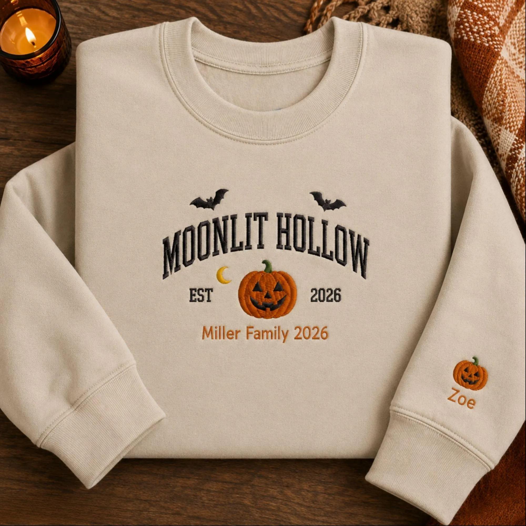 Custom Embroidered Halloween Moonlit Hollow Sweatshirt, vintage halloween crewneck, spooky fall pumpkin sweater gift for her