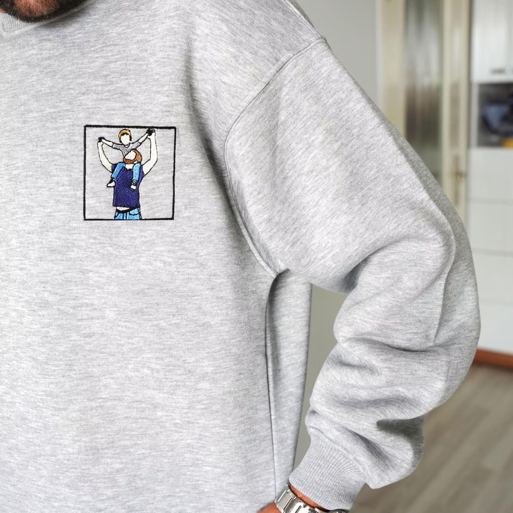 Personalized Photo Embroidery Hoodie – Custom Dad & Kid Portrait Sweatshirt
