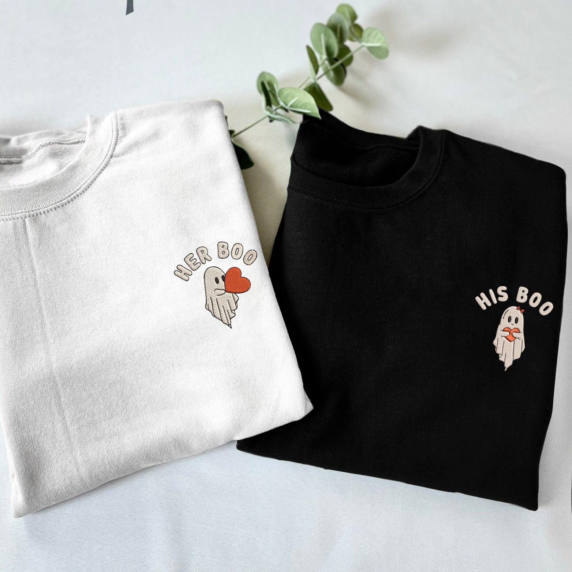 His Boo Her Boo Ghost Embroidered Couple Sweatshirt Halloween Matching Outfit